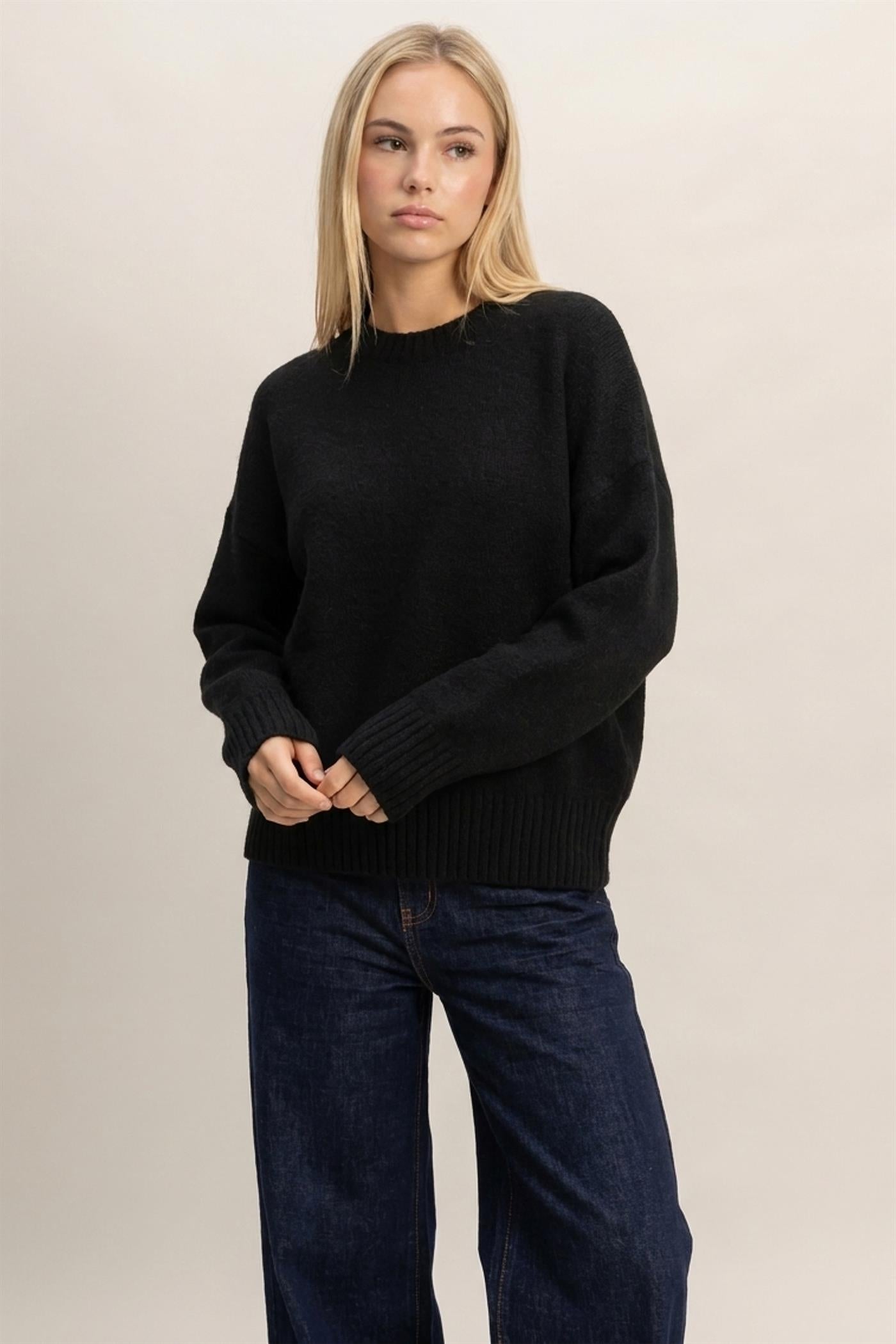 Wholesale Ribbed Crew Neck Sweater Sweaters HF26F179-D BLACK HYFVE