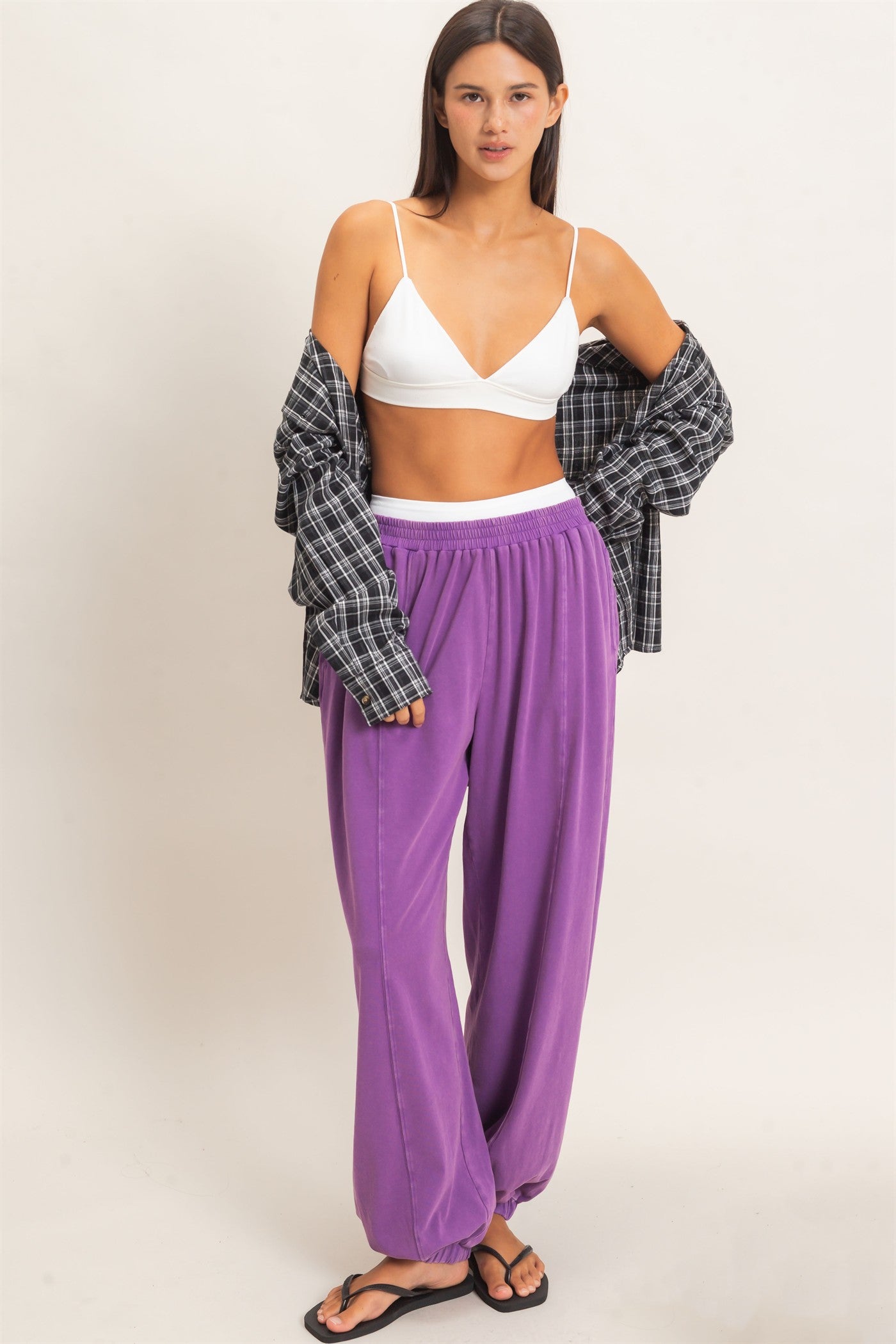 Wholesale Mineral Wash Elastic Waist Jogger Pants Joggers DZ26F405 PLUM DOUBLE ZERO