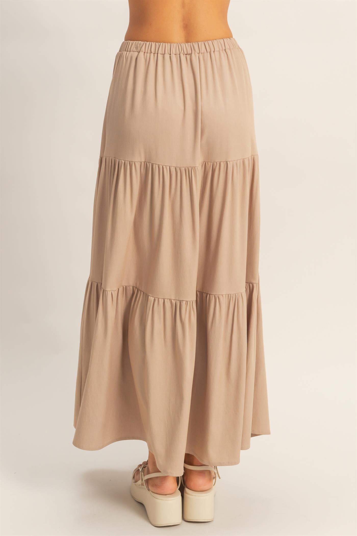 Wholesale Elastic Waist 3-Tier Skirt Skirts HF26E340-D WARM TAUPE HYFVE