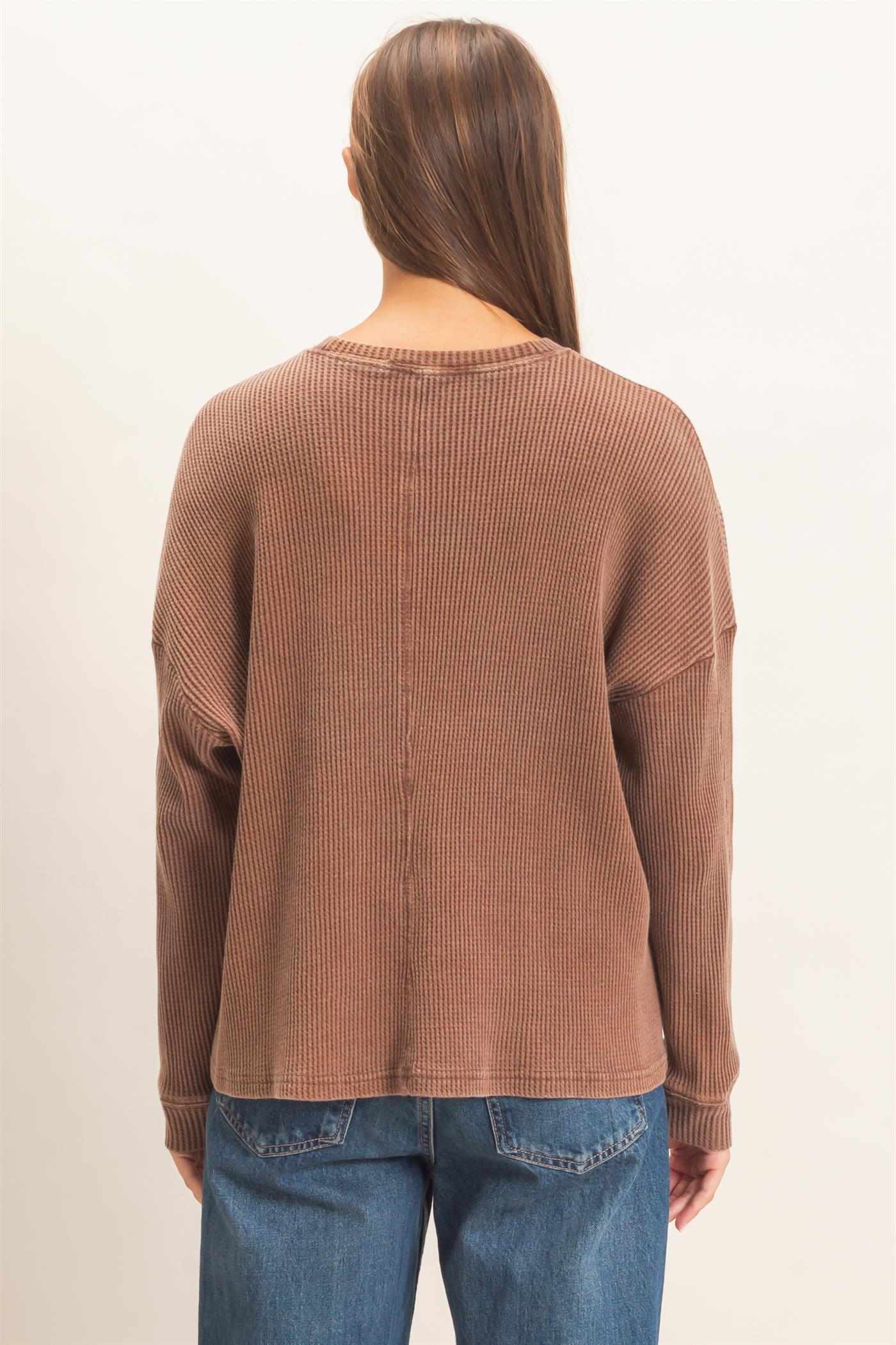 Wholesale Mineral Wash Waffle Long Sleeve Top Clothing Tops DZ26F242 DARK BROWN DOUBLE ZERO