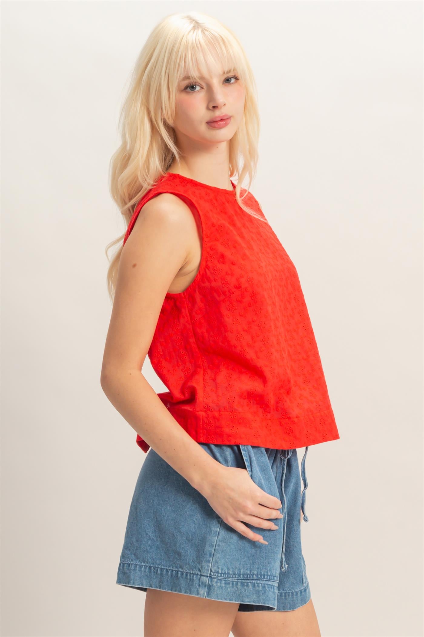 Wholesale Eyelet Sleeveless Top With Back Buttons Clothing Tops DZ26C541 RED DOUBLE ZERO