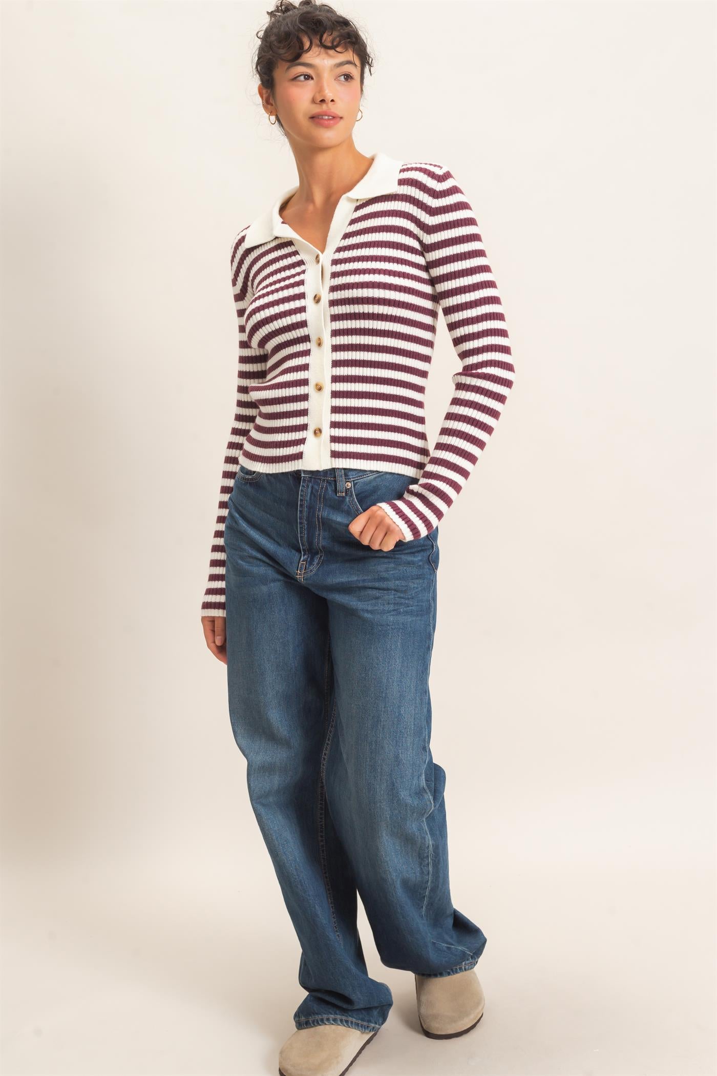 Wholesale Ribbed Striped Polo Knit Top Clothing Tops DZ26E099 DARK CHERRY DOUBLE ZERO