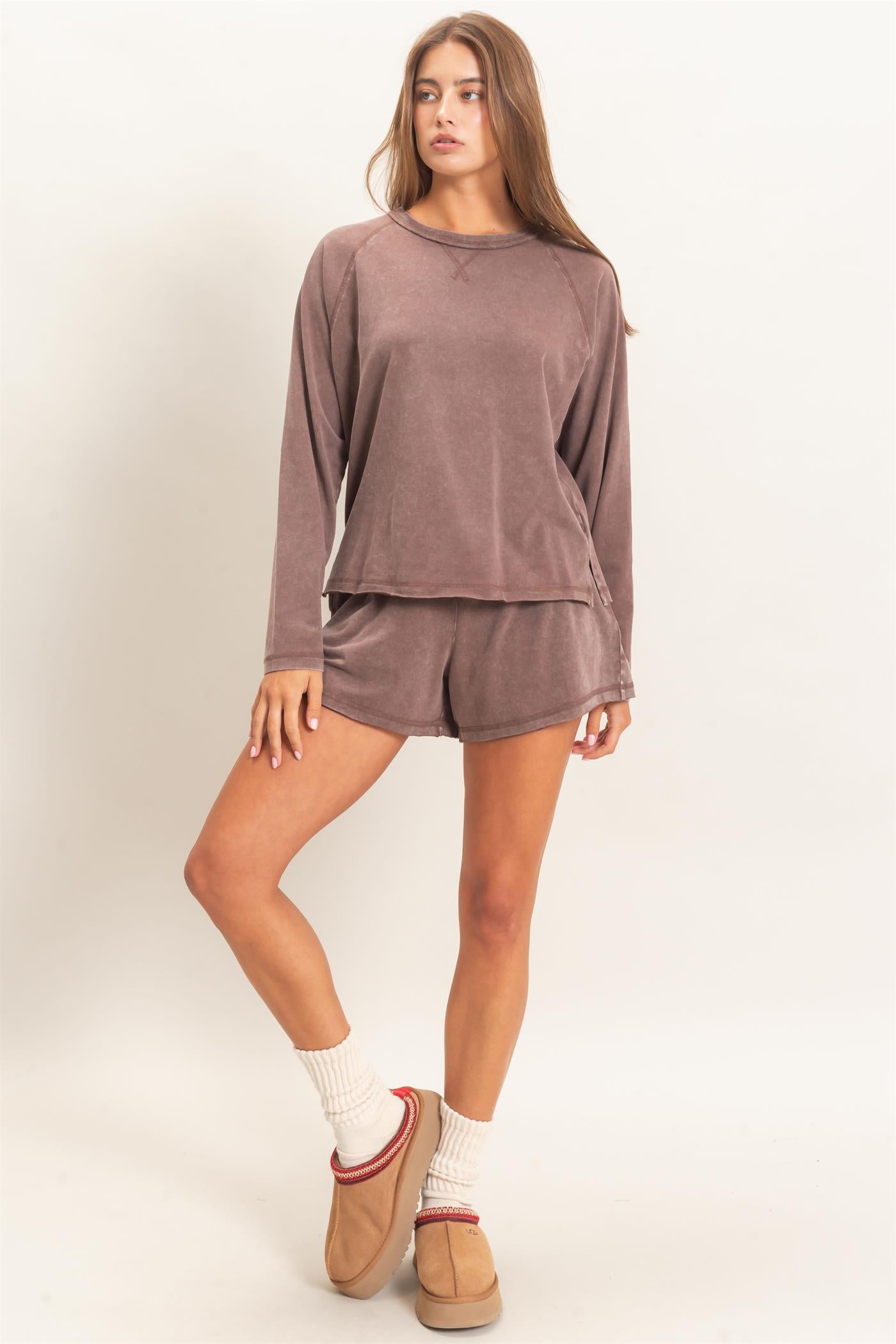 Wholesale Mineral Wash Long Sleeve Raw Edge Top & Shorts Set Clothing DZ26F403-SET DARK BROWN DOUBLE ZERO