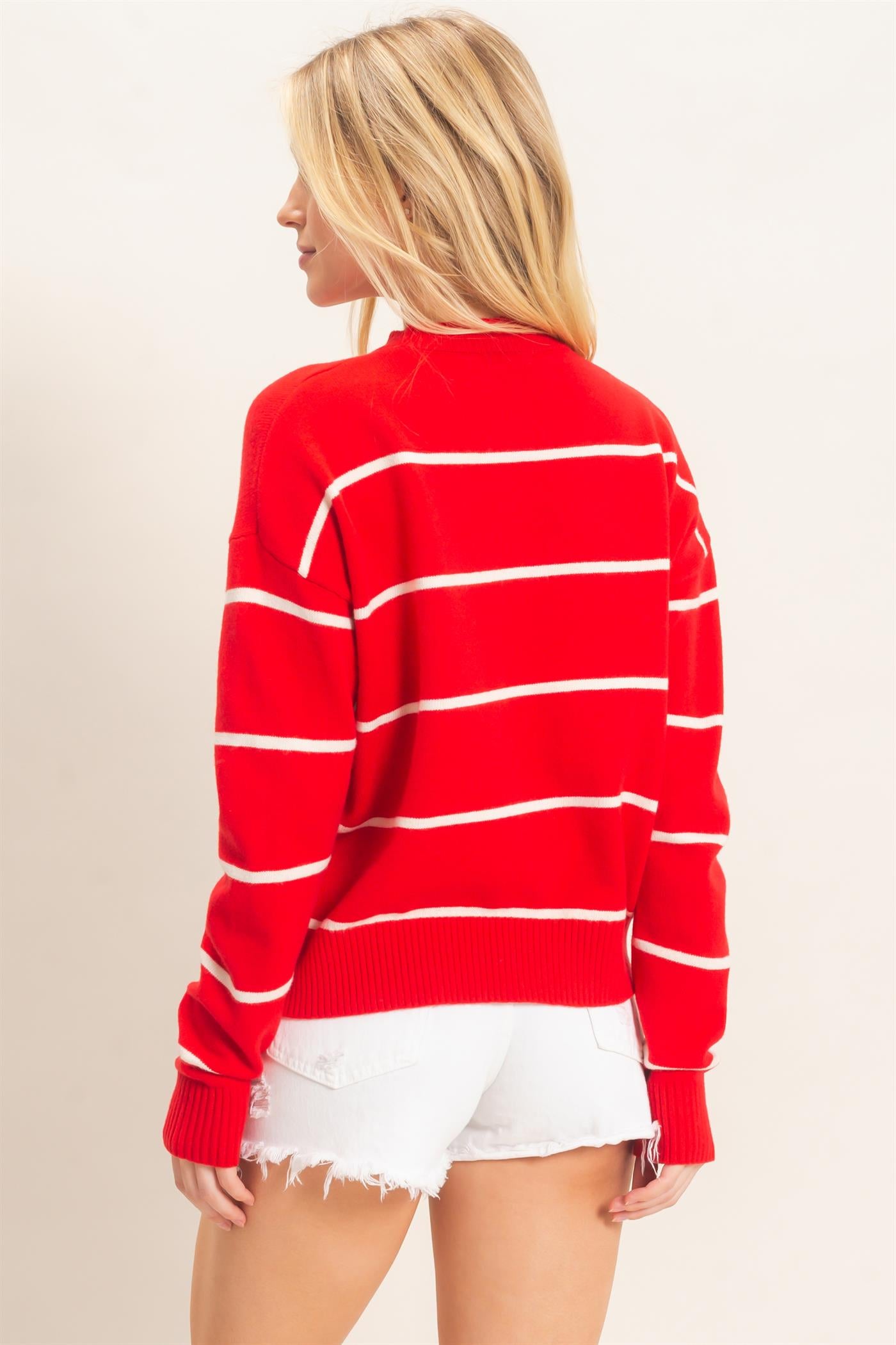 Wholesale Striped Ribbed Crew Neck Sweater Sweaters HF26F169 RED HYFVE