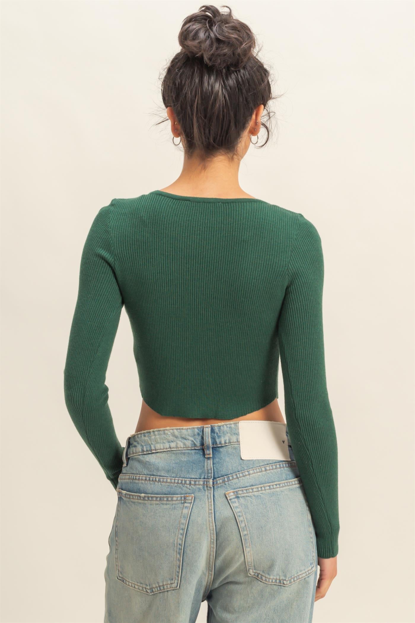 Wholesale Scoop Neck Long Sleeve Fitted Knit Top Clothing Tops DZ25E353 DARK GREEN DOUBLE ZERO