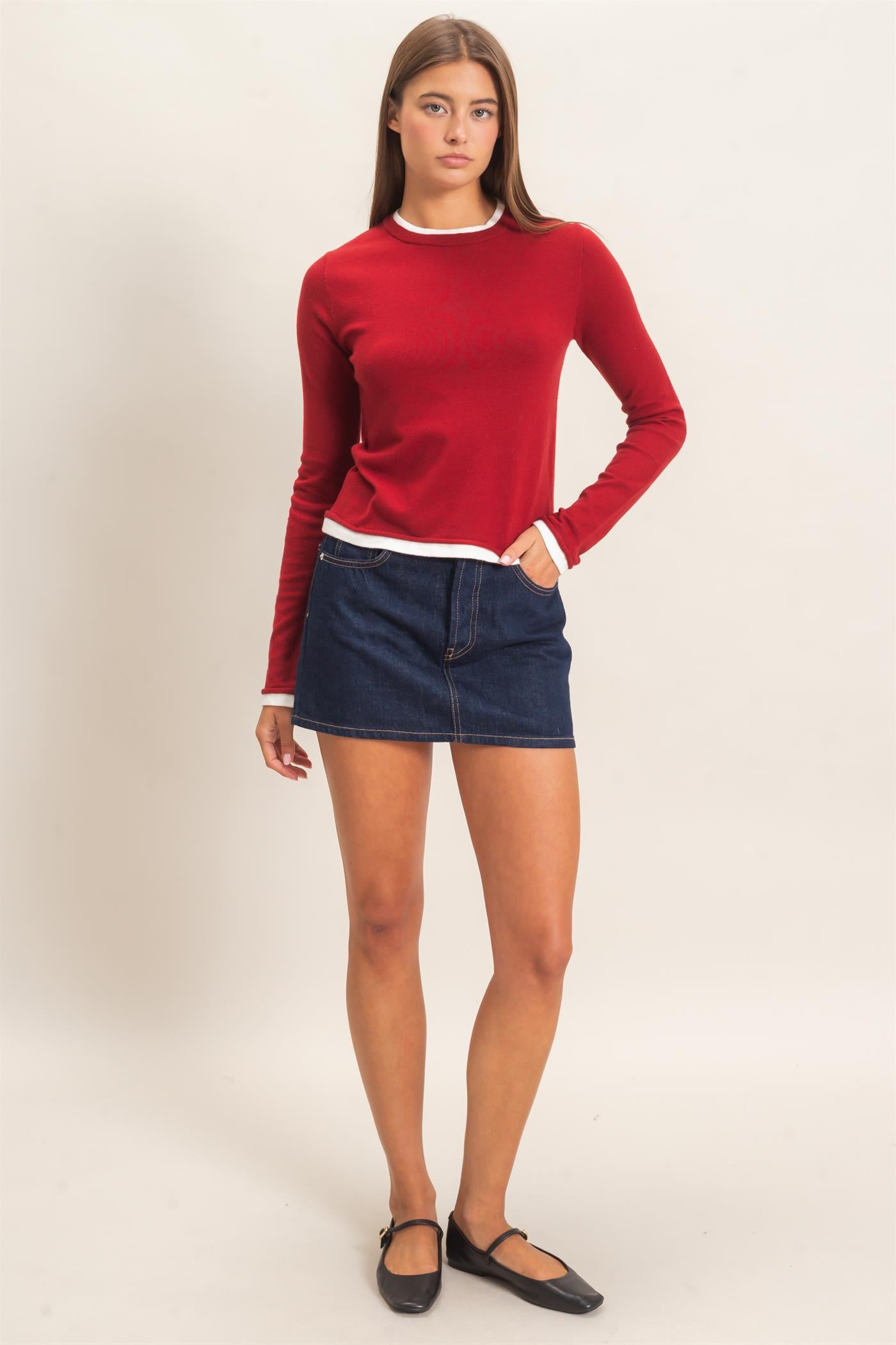 Wholesale Layer Effect Long Sleeve Knit Top Clothing Tops DZ26F394 DARK RED DOUBLE ZERO