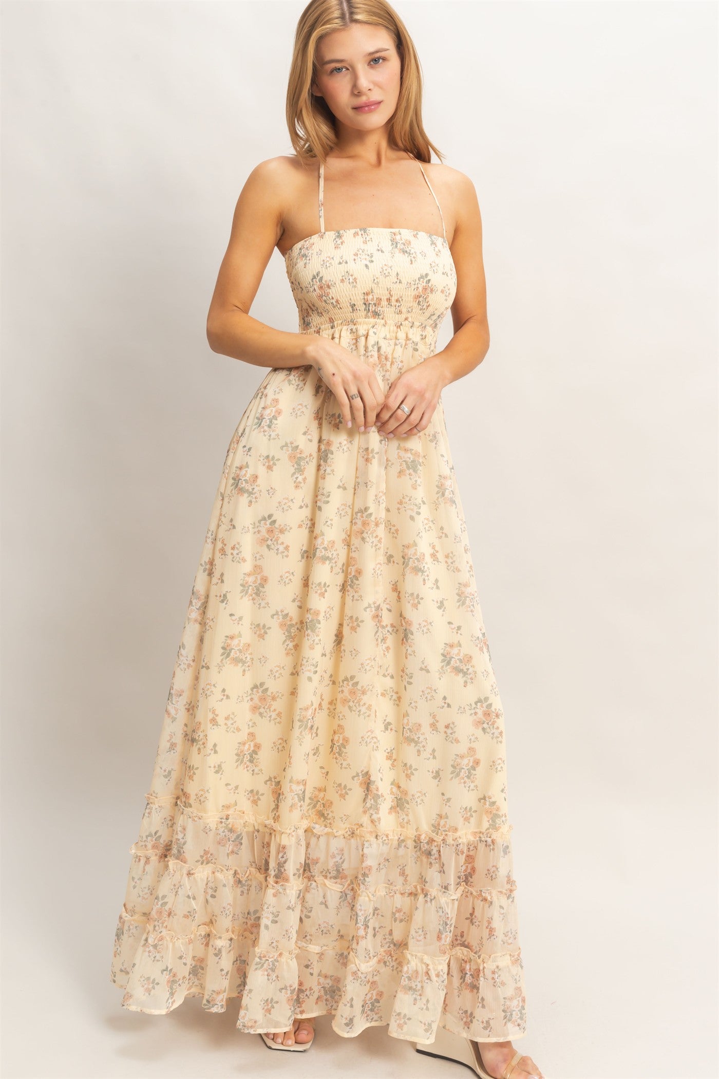 Wholesale Smocked Floral Maxi Dress Dresses HF26E648 BUFF YELLOW HYFVE