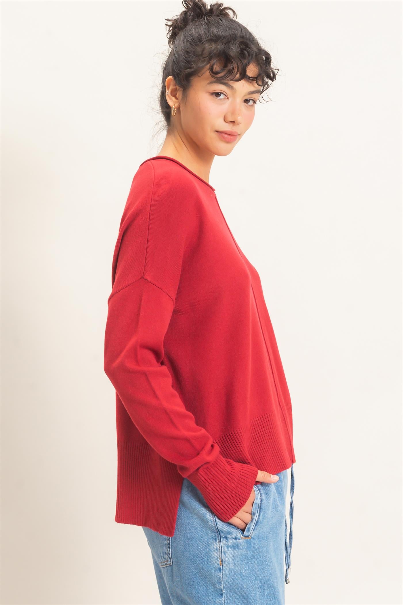 Wholesale Roll Neck Seam Detail Sweater Sweaters DZ26C975 DARK RED DOUBLE ZERO