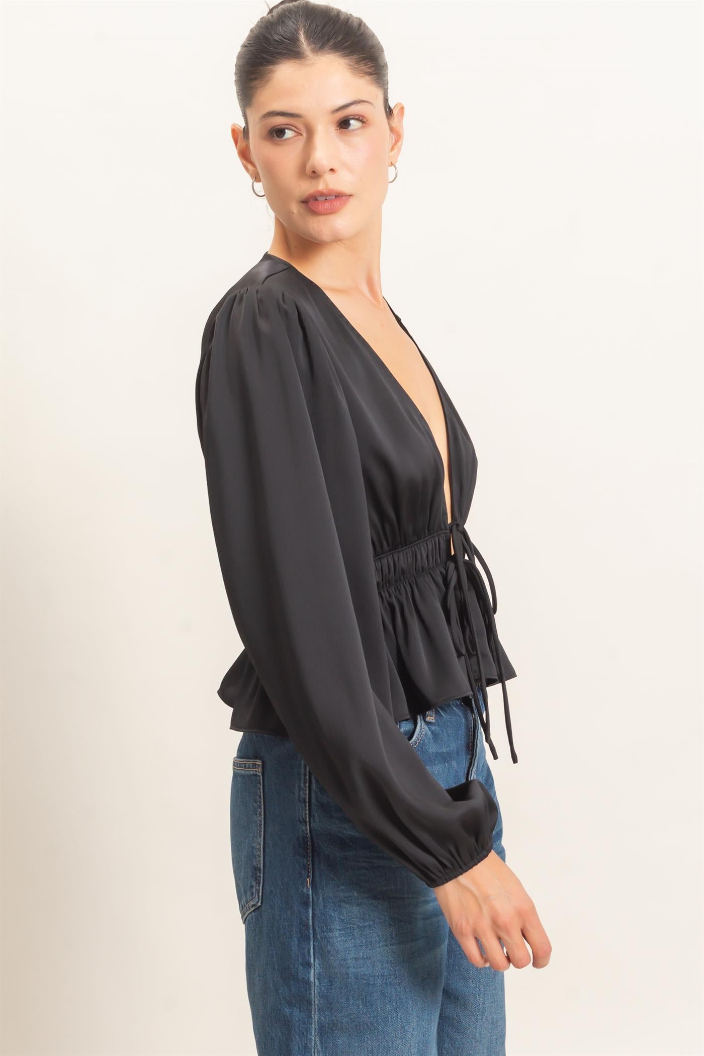 Wholesale Plunging Tie-Front Blouse Blouses HF26F082 BLACK HYFVE