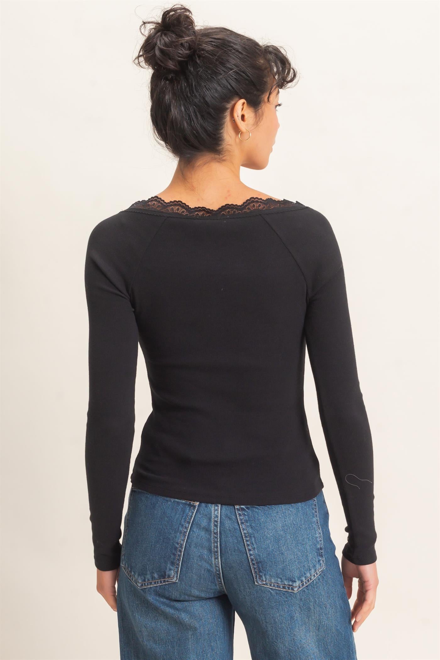 Wholesale Lace-Trim Henley Top Clothing Tops DZ26E325 BLACK DOUBLE ZERO
