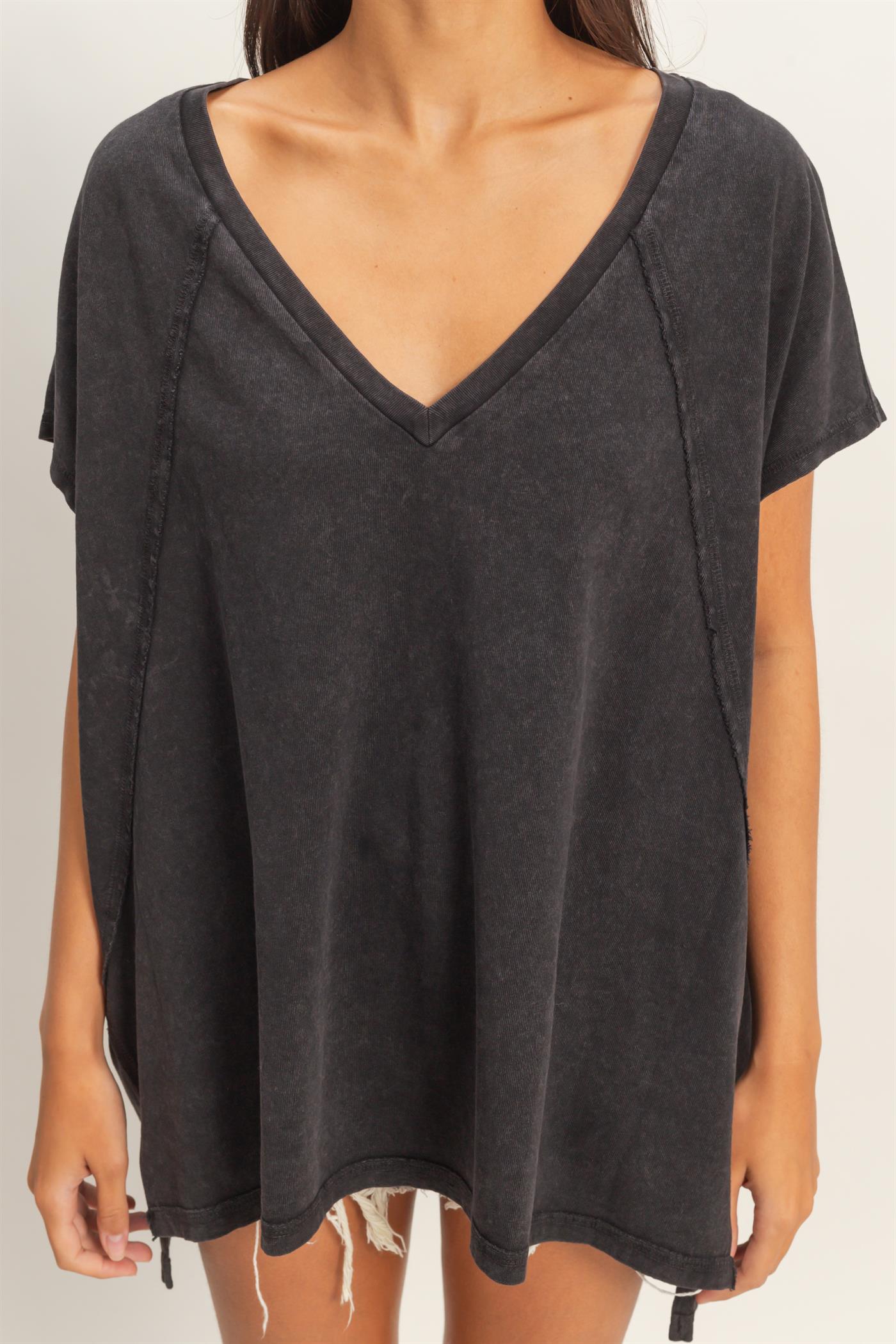 Wholesale Oversized V-Neck Mineral Washed Top Clothing Tops DZ26A585 BLACK DOUBLE ZERO