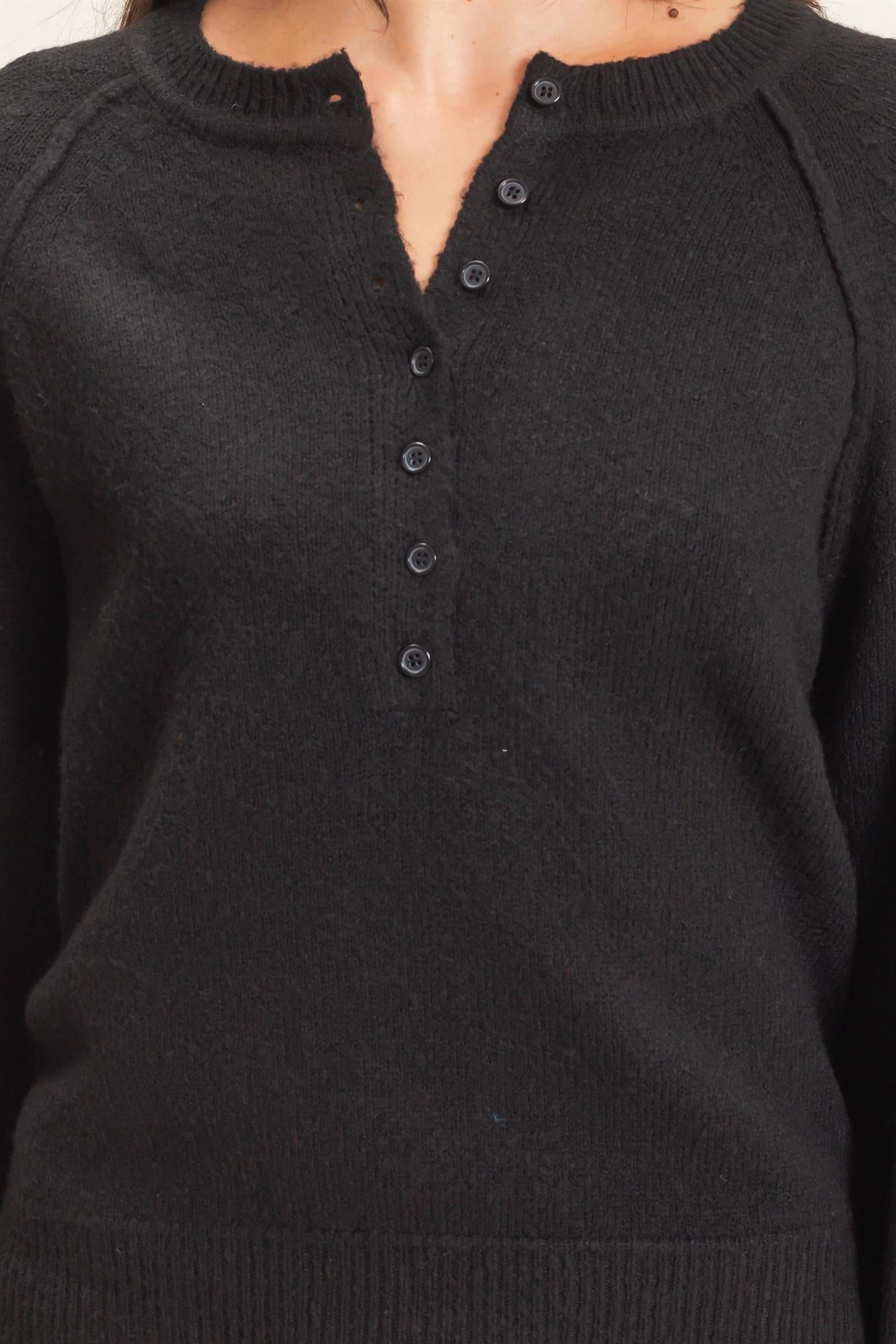 Wholesale Button Front Raglan Sweater Sweaters HF26E152 BLACK HYFVE