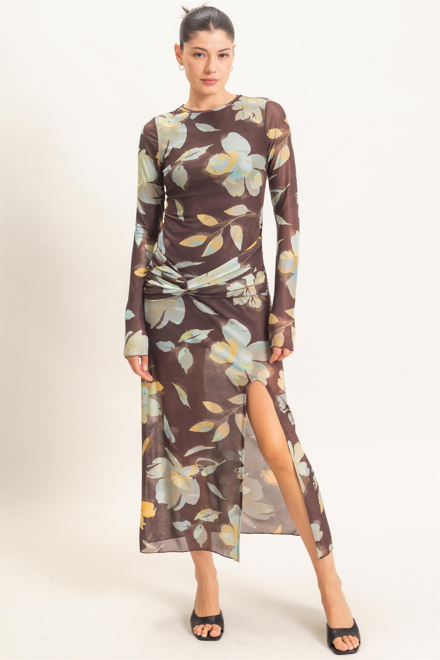 Wholesale Floral Mesh Knit Dress Dresses HF26E307 BROWN HYFVE