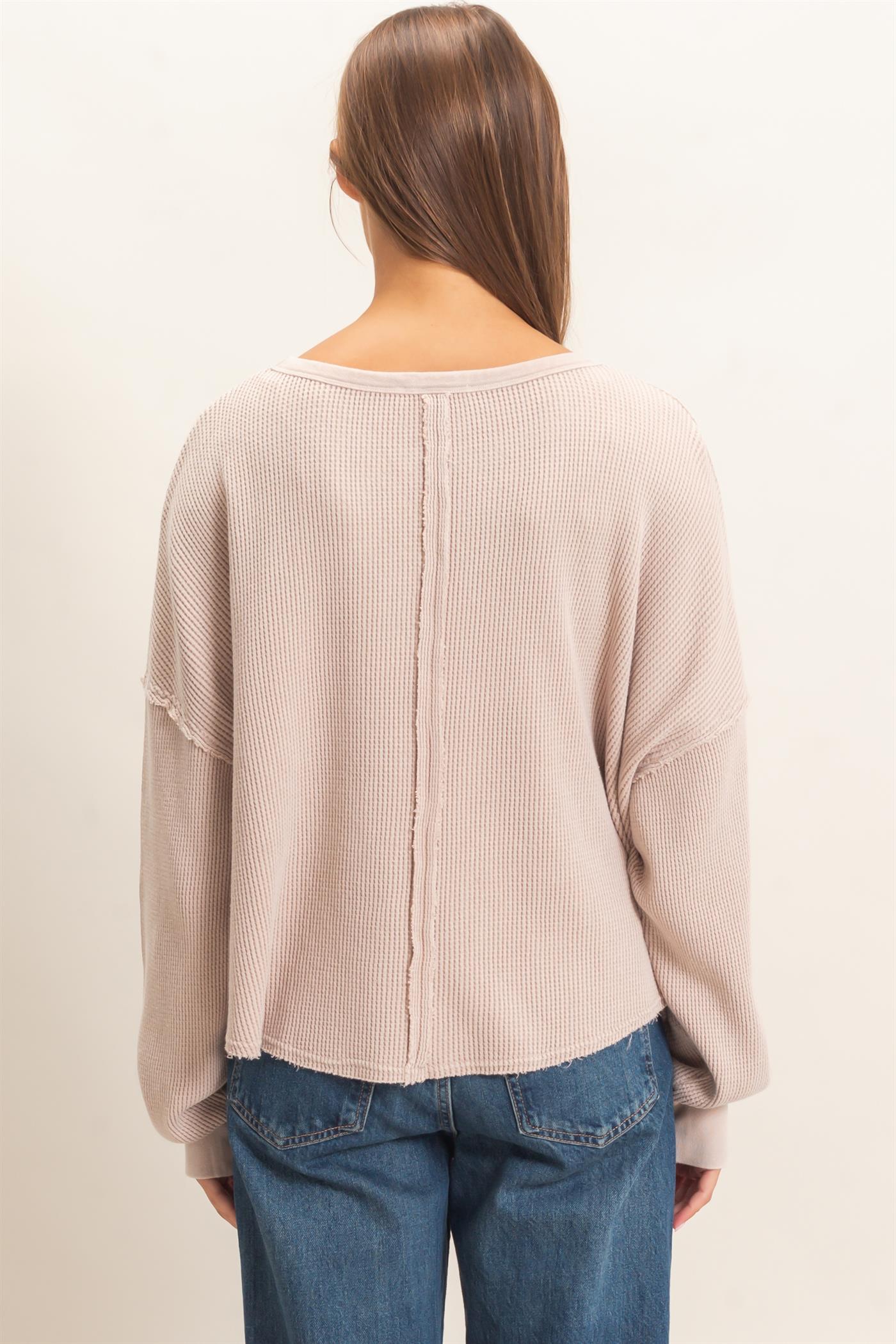Wholesale Mineral Wash Waffle Oversized Top Clothing Tops DZ26E248 LIGHT TAUPE DOUBLE ZERO