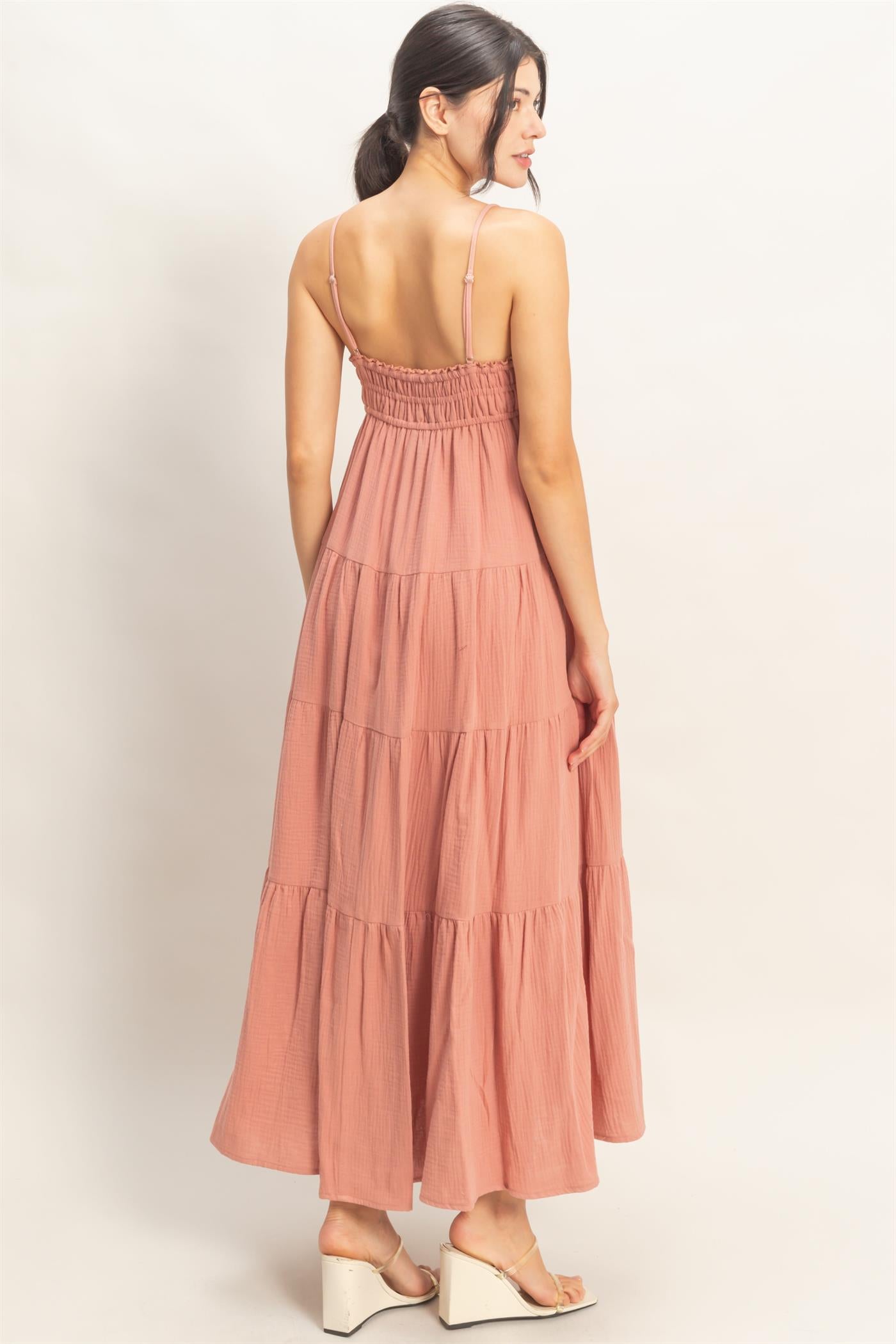 Wholesale Smocked Tiered Maxi Dress Dresses HF26C303 CLAY HYFVE