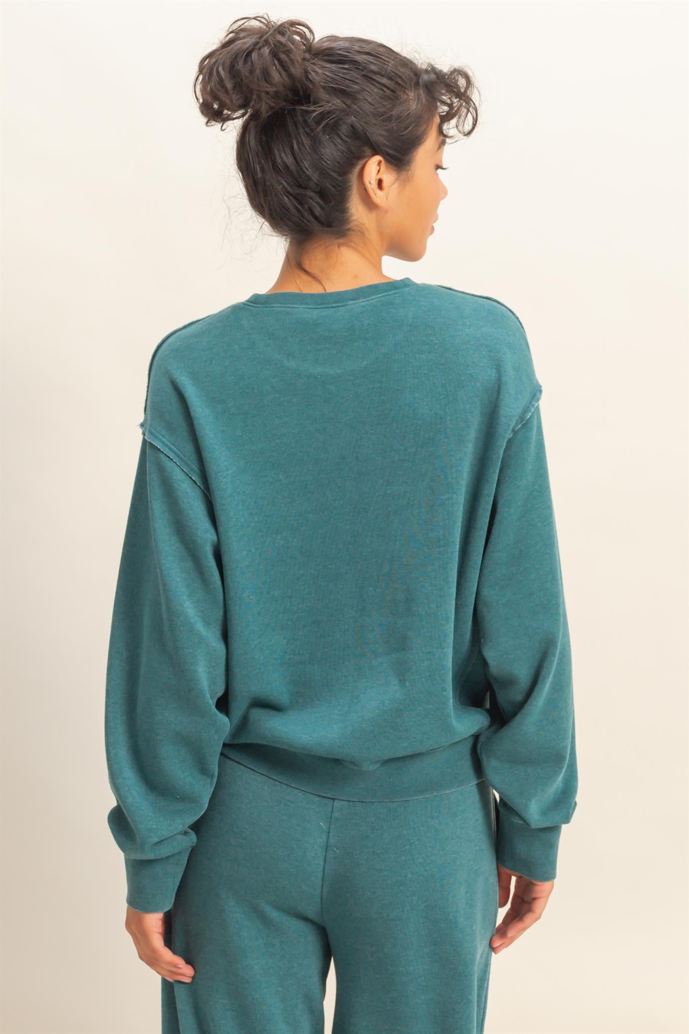 Wholesale Raw Edge Detail Burnout Sweatshirt Sweatshirts DZ26A048 DARK TEAL DOUBLE ZERO