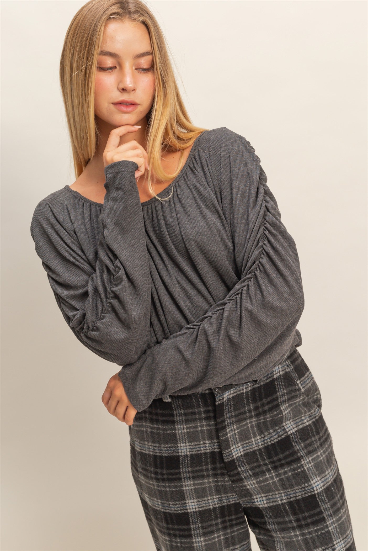 Wholesale Boat Neck Shirred Dolman Sleeve Blouse Clothing Tops HF21F952 CHARCOAL HYFVE