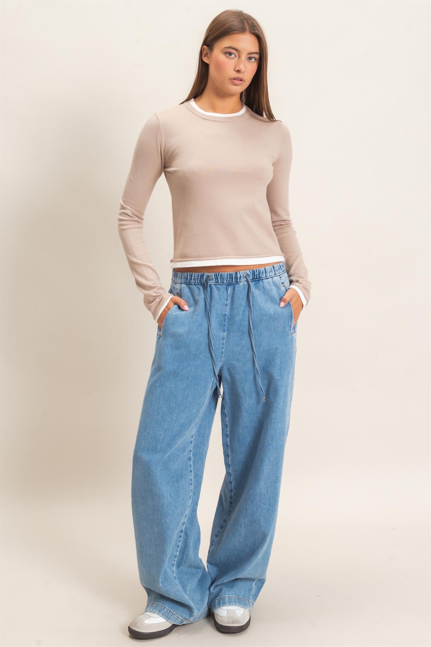 Wholesale Layer Effect Long Sleeve Knit Top Clothing Tops DZ26F394 TAUPE DOUBLE ZERO