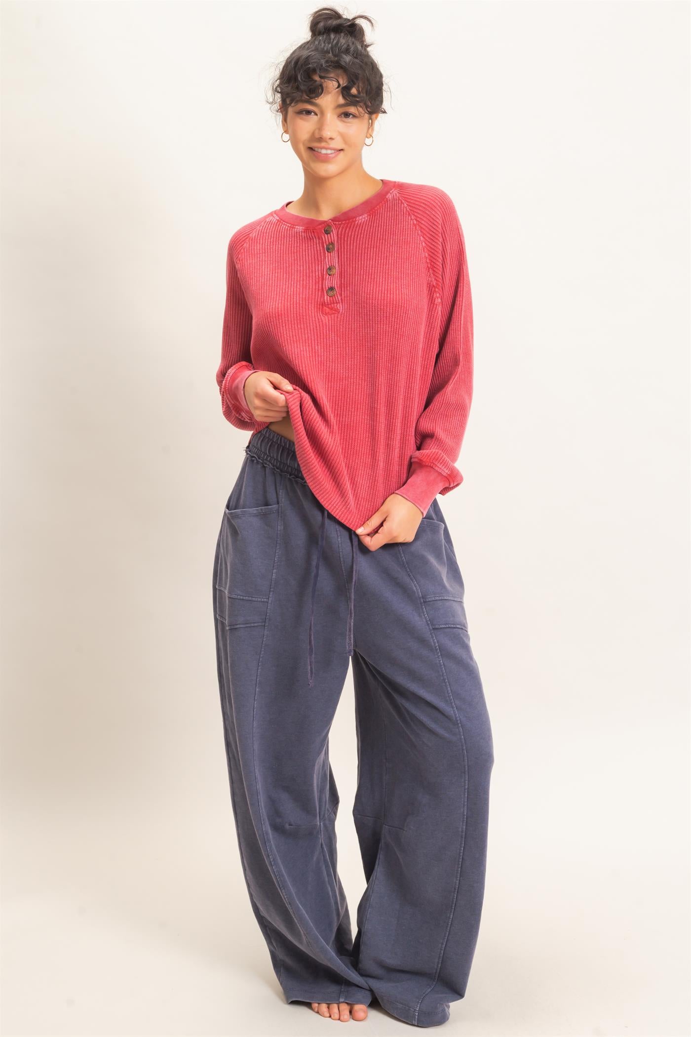 Wholesale Mineral Wash Waffle Knit Henley Top Sweatshirts DZ26E947 DARK RED DOUBLE ZERO