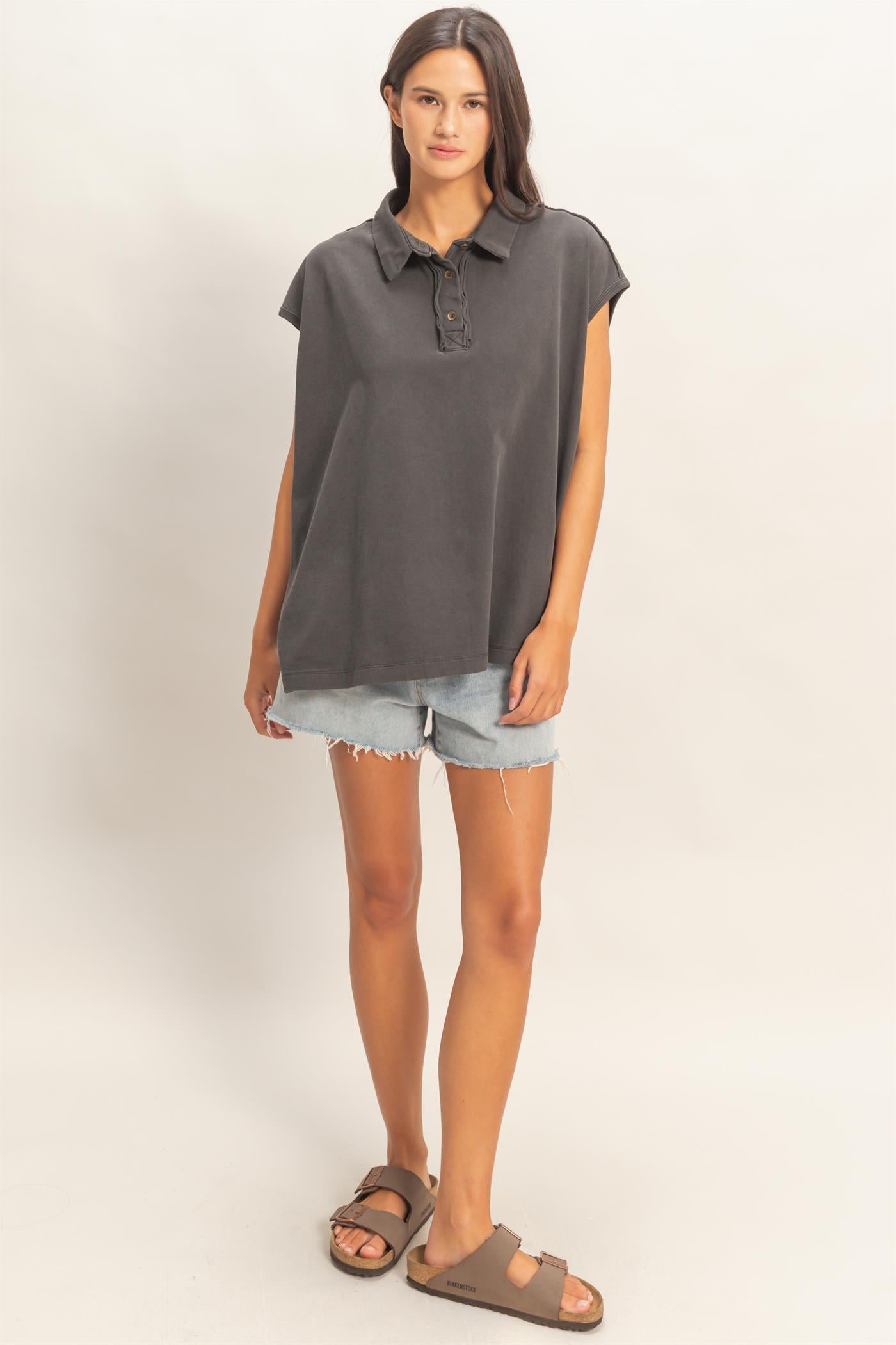 Wholesale Pigment Dye Sleeveless Polo Oversized Top Clothing Tops DZ26C618 BLACK DOUBLE ZERO