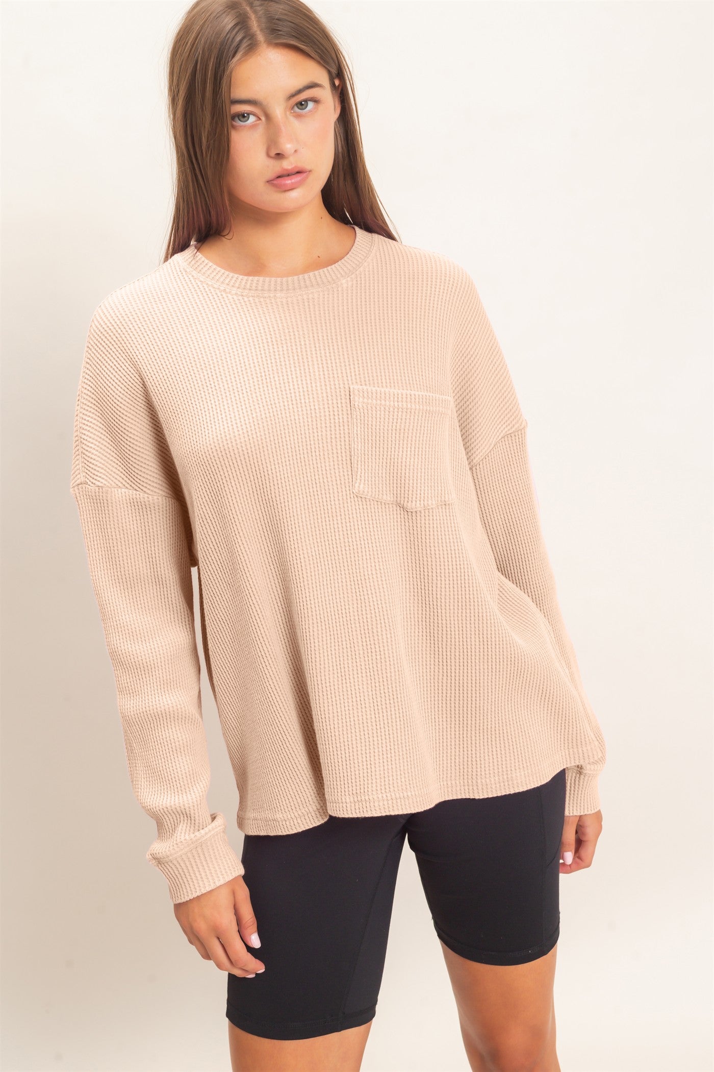 Wholesale Mineral Wash Waffle Long Sleeve Top Clothing Tops DZ26F242 LIGHT TAUPE DOUBLE ZERO