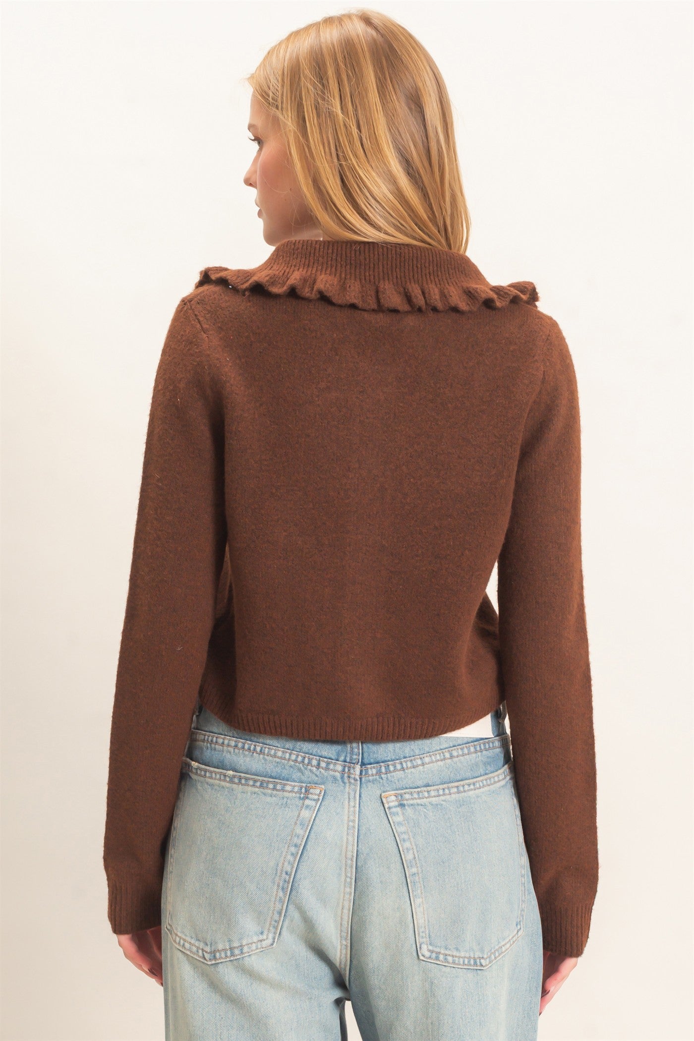Wholesale Ruffled Collar Knit Cardigan Cardigans HF26E162-D CHOCOLATE HYFVE