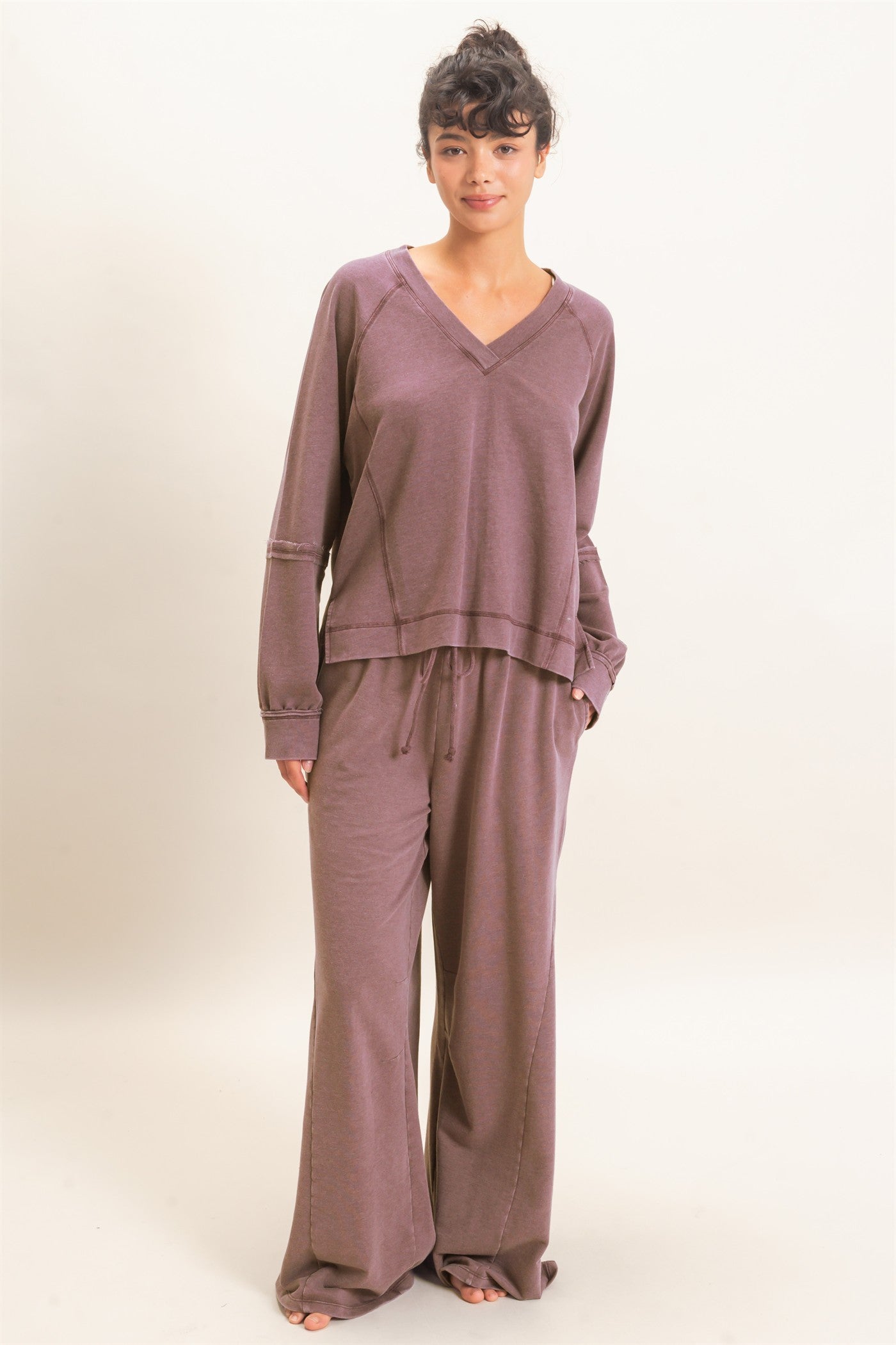 Wholesale Mineral Wash V-Neck Seam Detail Sweatshirt Sweatshirts DZ26F014 DARK BROWN DOUBLE ZERO