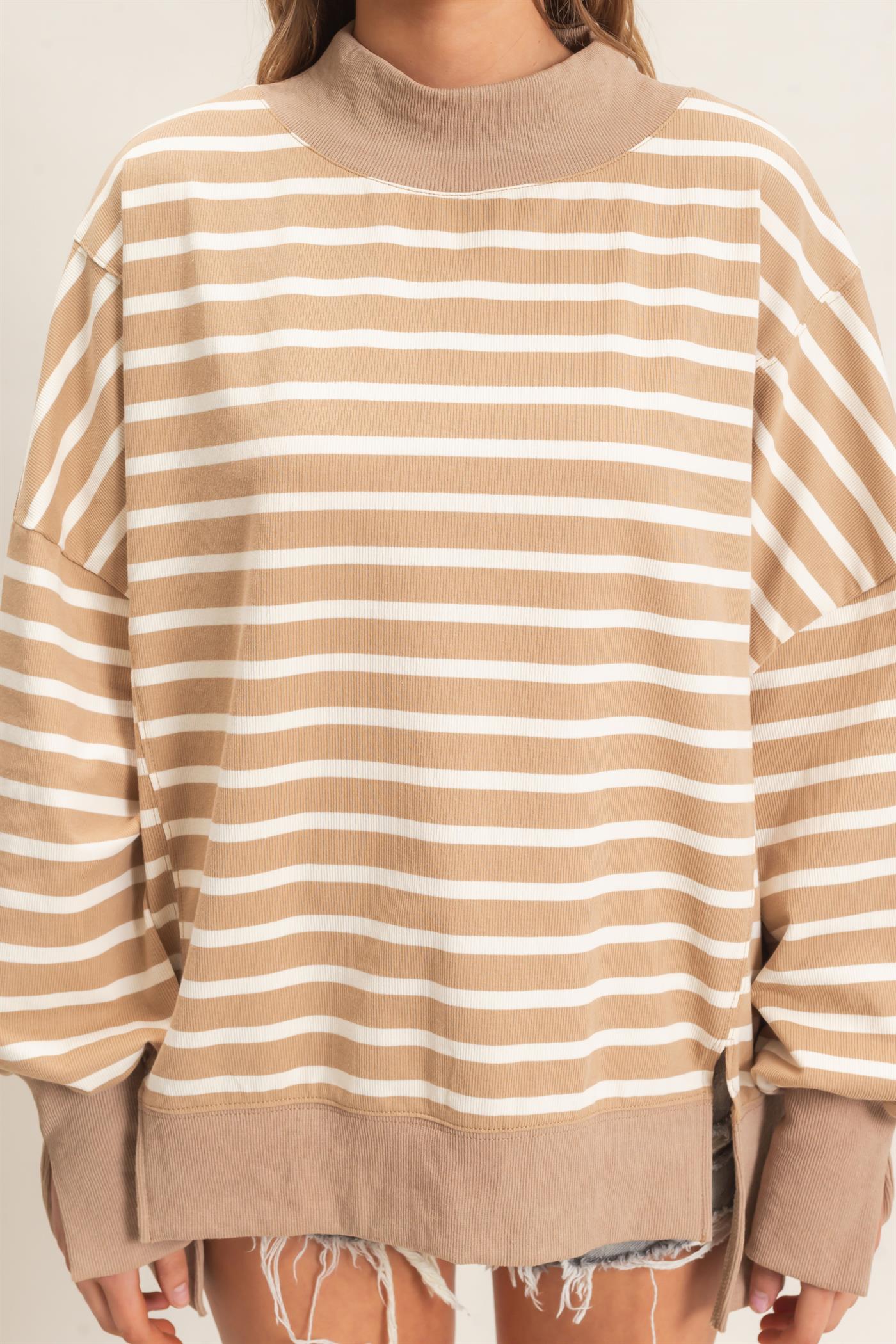 Wholesale Striped Mock Neck Sweatshirt Sweatshirts HF27A178-D TAUPE/CREAM HYFVE