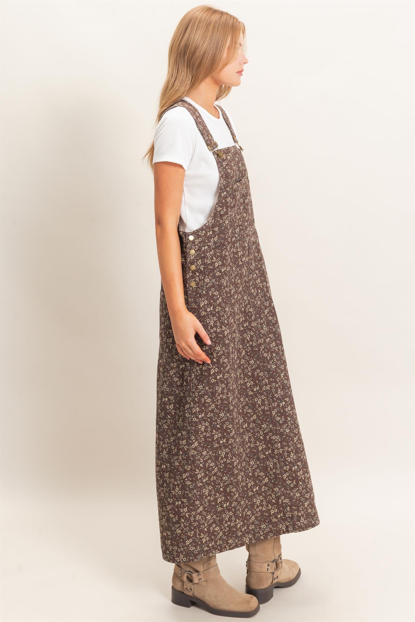 Wholesale Floral Garment Wash Overall Dress Dresses HF26C838 CHESTNUT HYFVE