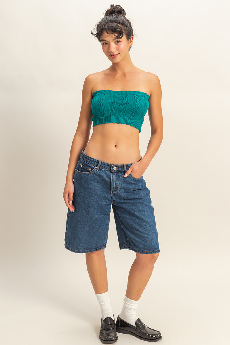 Wholesale Strapless Pointelle Crop Top Clothing Tops DZ23A821 TEAL DOUBLE ZERO