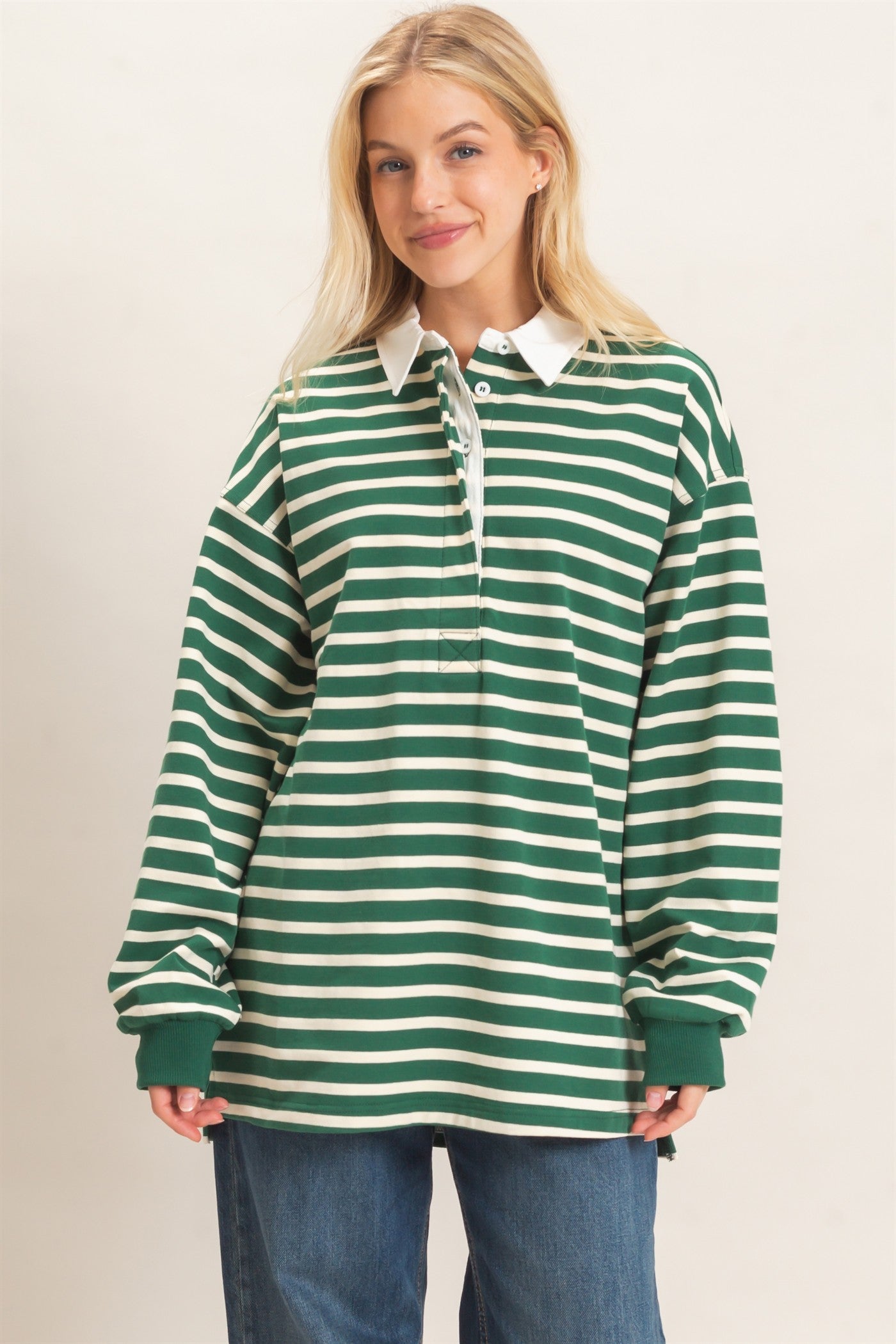 Wholesale Striped Polo Long Sleeve Top Clothing Tops HF26F078 GREEN/CREAM HYFVE