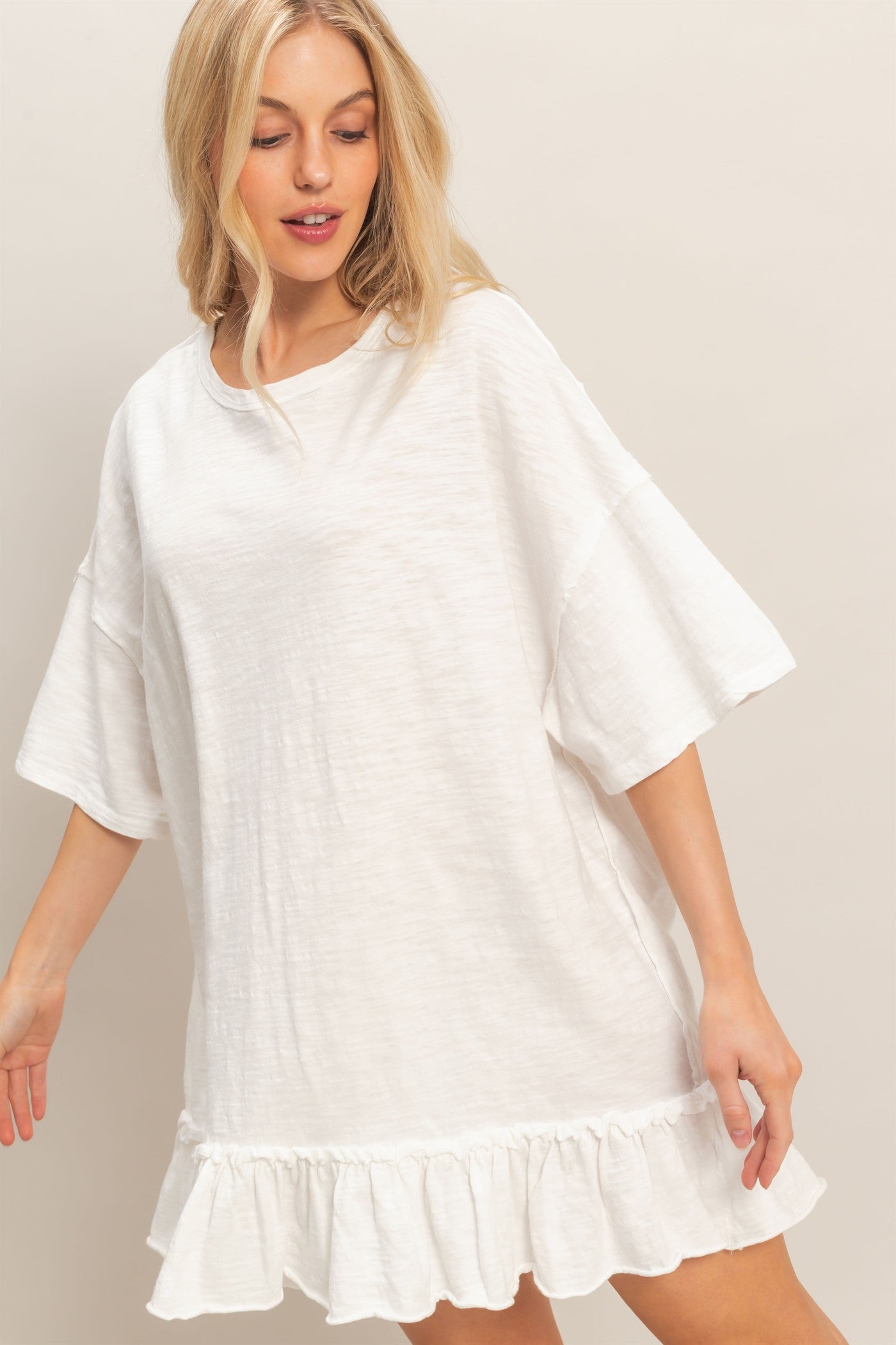 Wholesale Ruffled Hem Oversized Tunic Dresses HF26A785 CREAM HYFVE