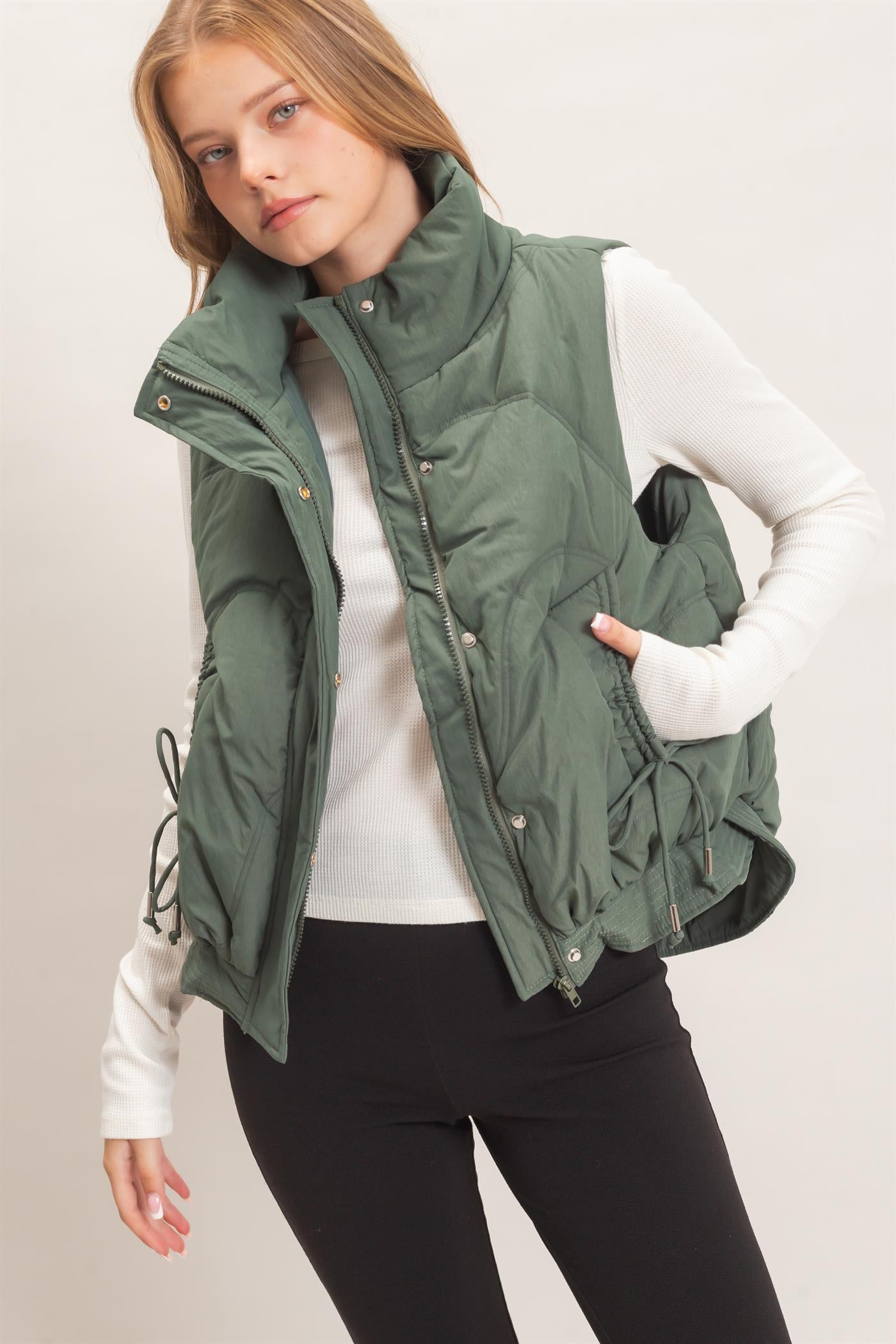 Wholesale Quilted Funnel Neck Puffer Vest Vests HF26F168 H.GREEN HYFVE