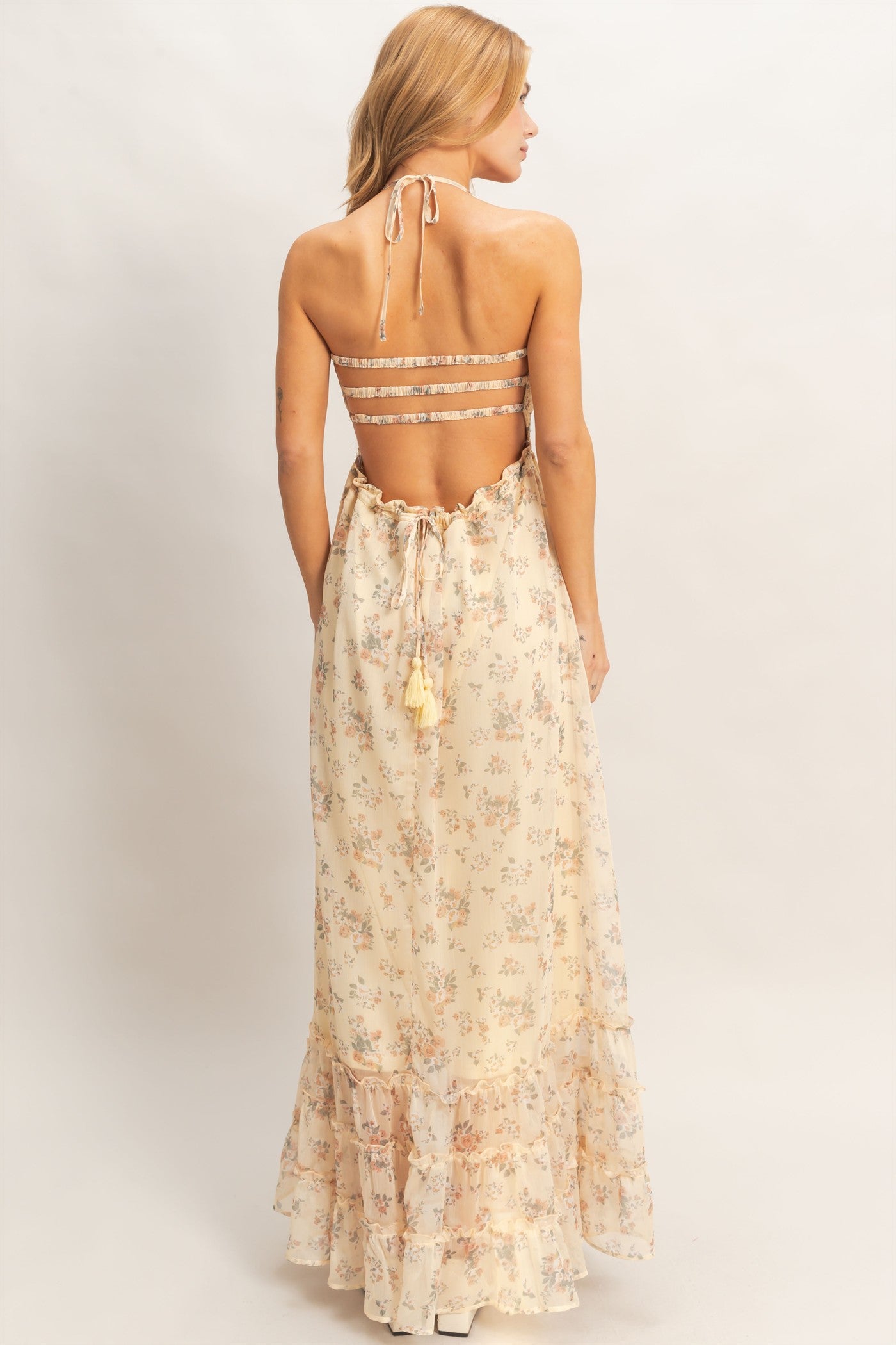 Wholesale Smocked Floral Maxi Dress Dresses HF26E648 BUFF YELLOW HYFVE