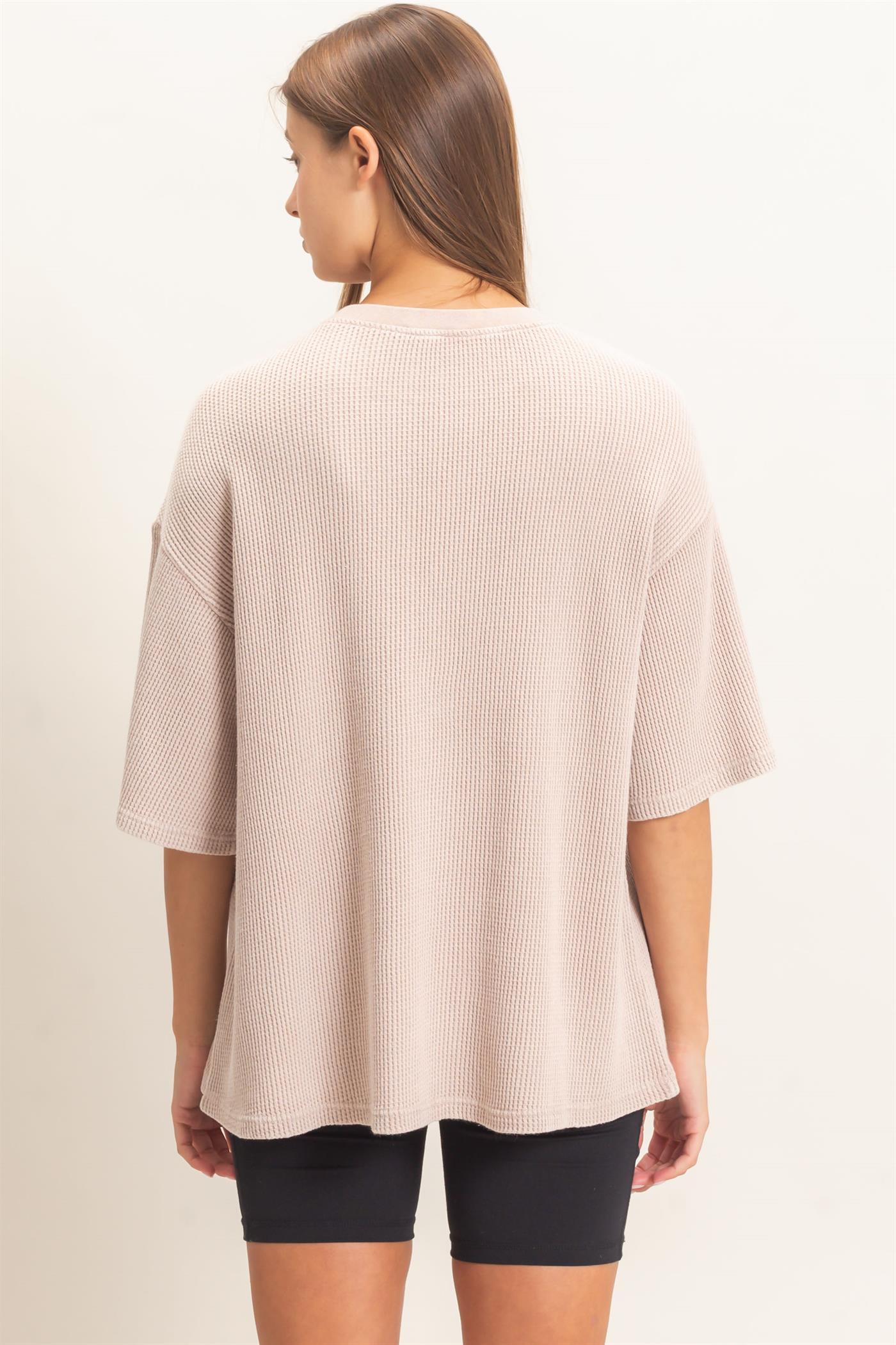 Wholesale Mineral Wash Waffle Crew Neck Short Sleeve Top Clothing Tops DZ26E328 LIGHT TAUPE DOUBLE ZERO