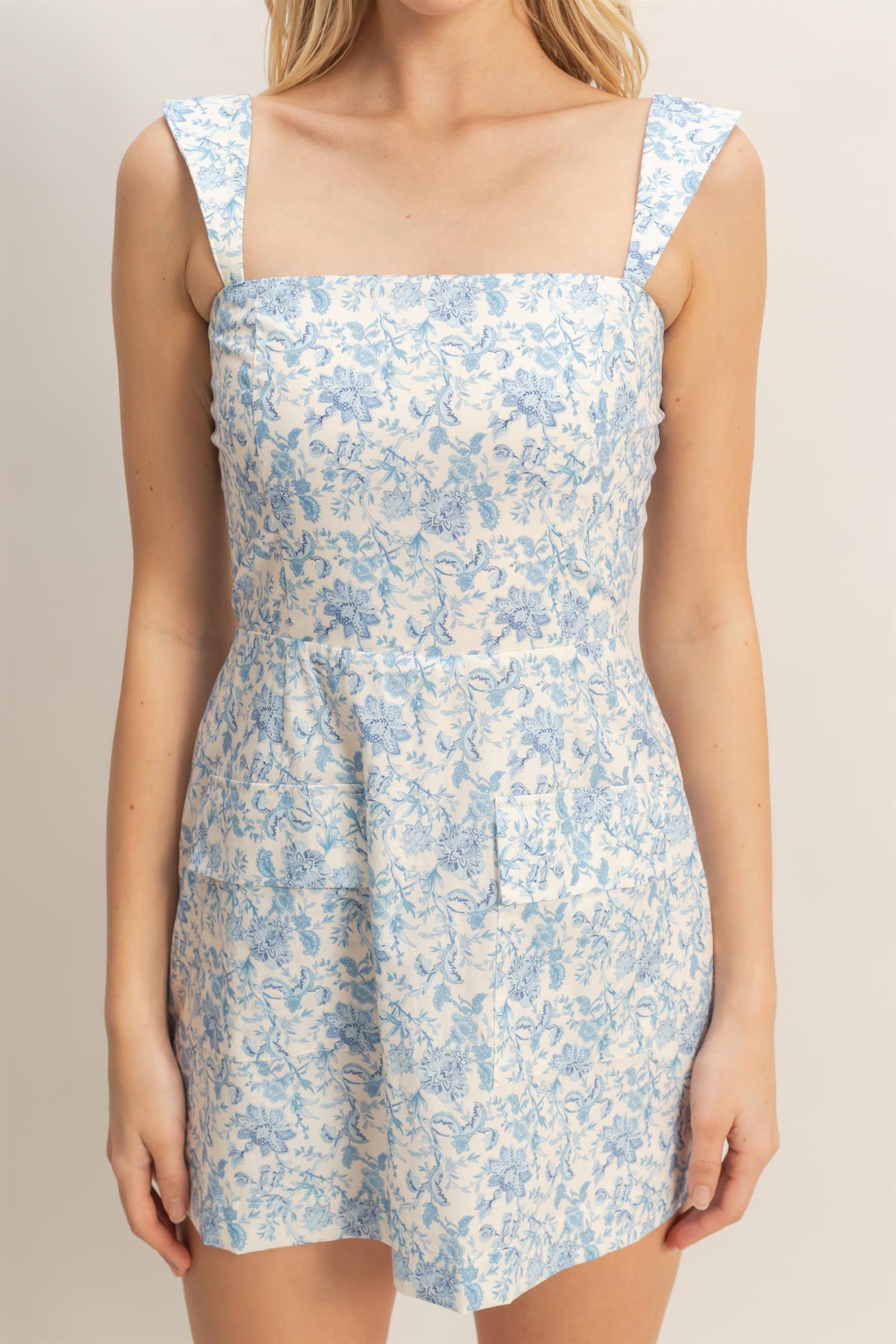 Wholesale Floral Square Neck Mini Dress Dresses HF26C516-D BLUE HYFVE