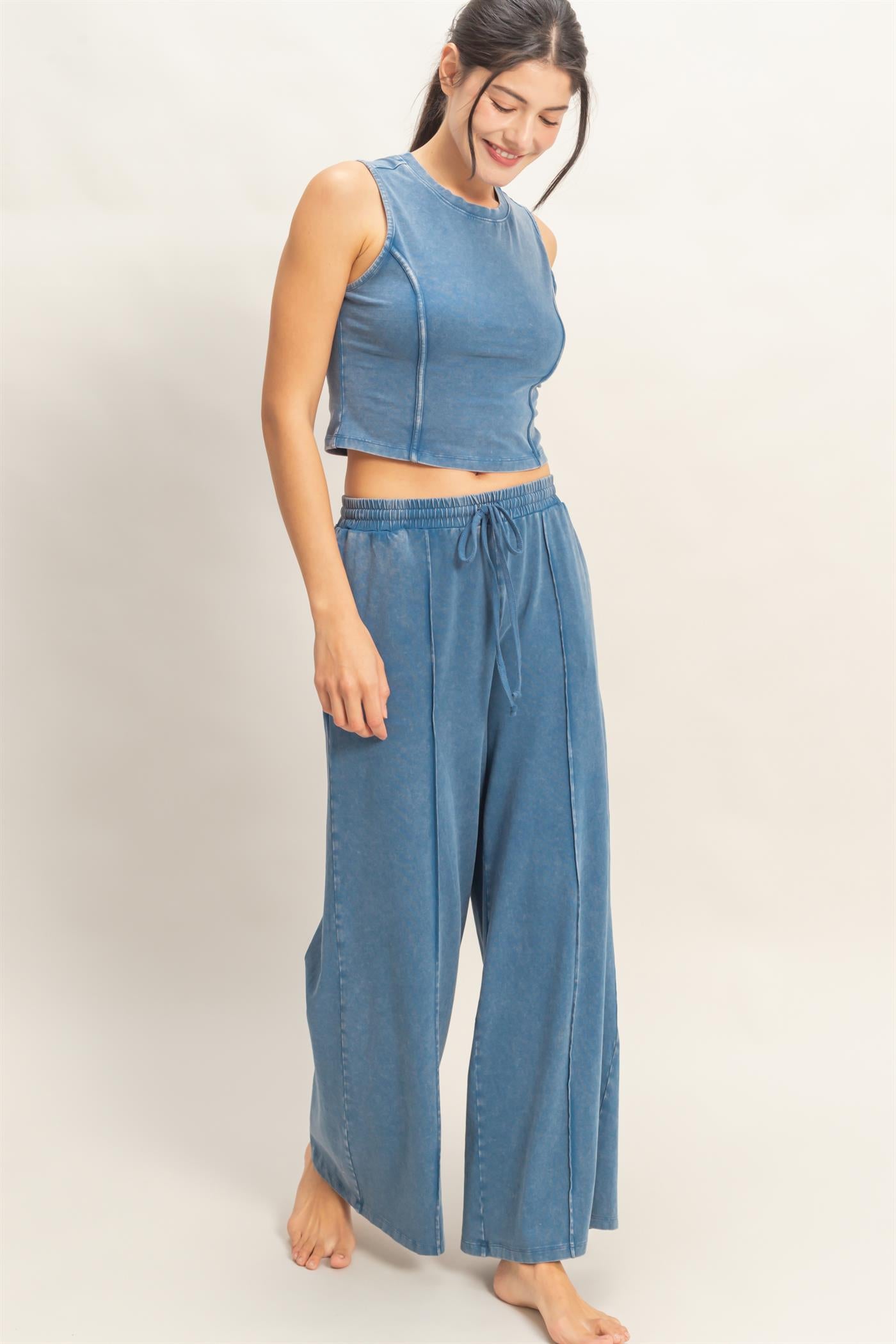 Wholesale Mineral Washed Sleeveless Top & Wide Leg Pants Set Clothing DZ26A371-SET NAVY DOUBLE ZERO