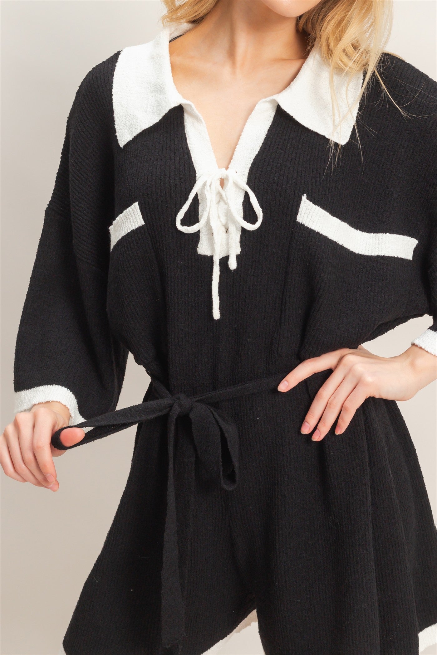 Wholesale Knit Romper With Contrast Tie Clothing HF26A408 BLACK HYFVE