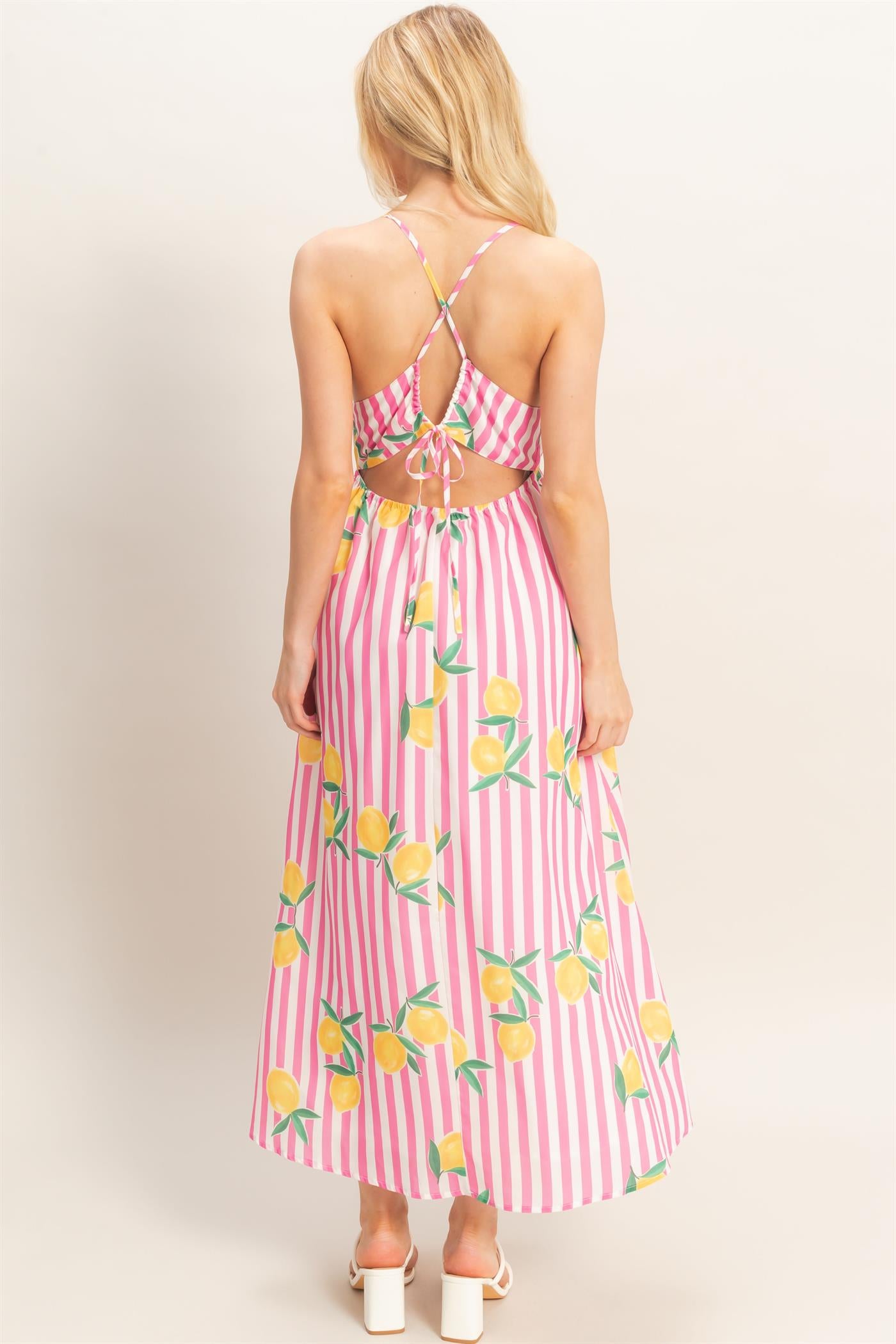 Wholesale Striped Lemon Print Midi Dress Dresses HF26C269 PINK HYFVE