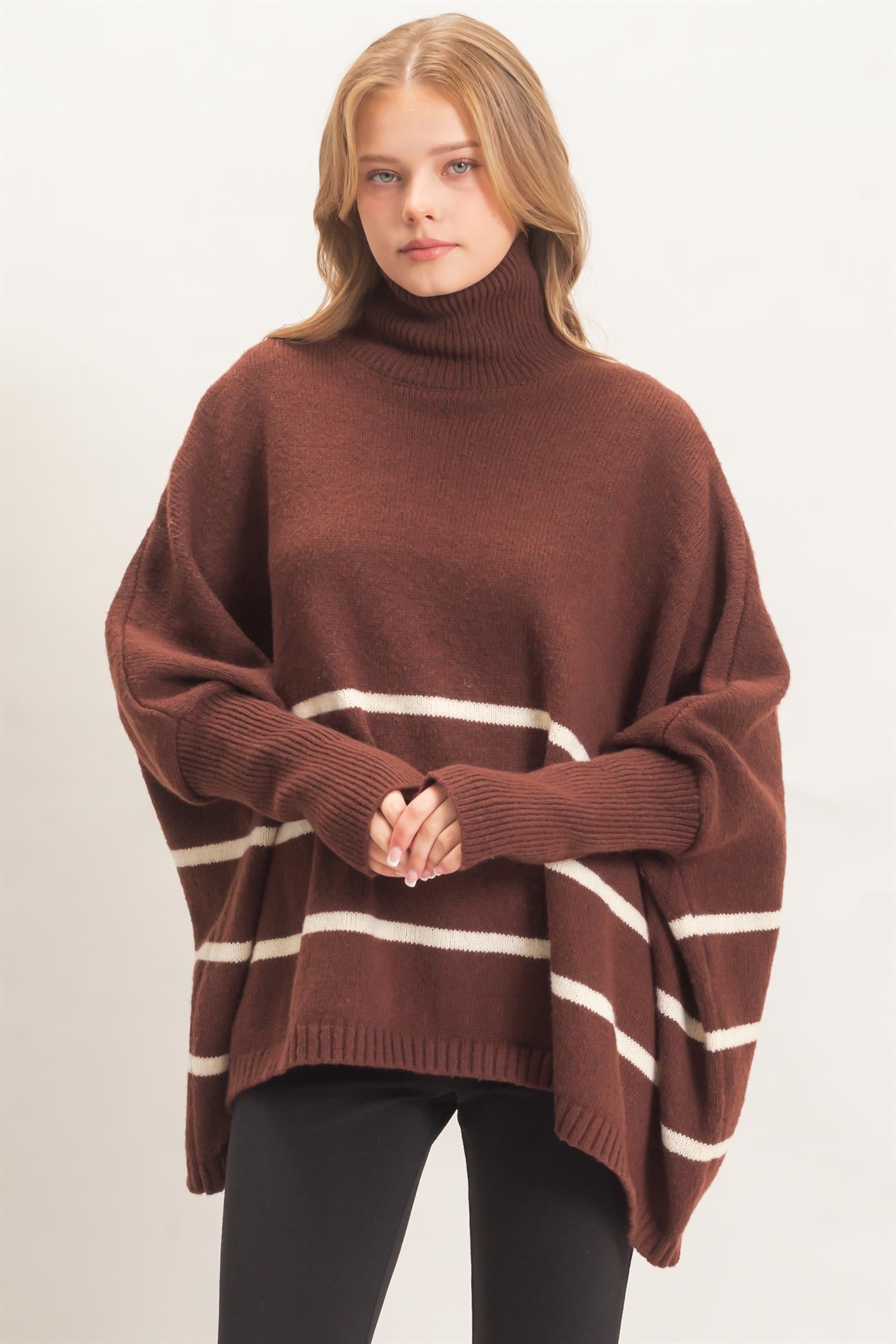 Wholesale Striped Turtleneck Poncho Sweater Sweaters HF26F194 BROWN HYFVE