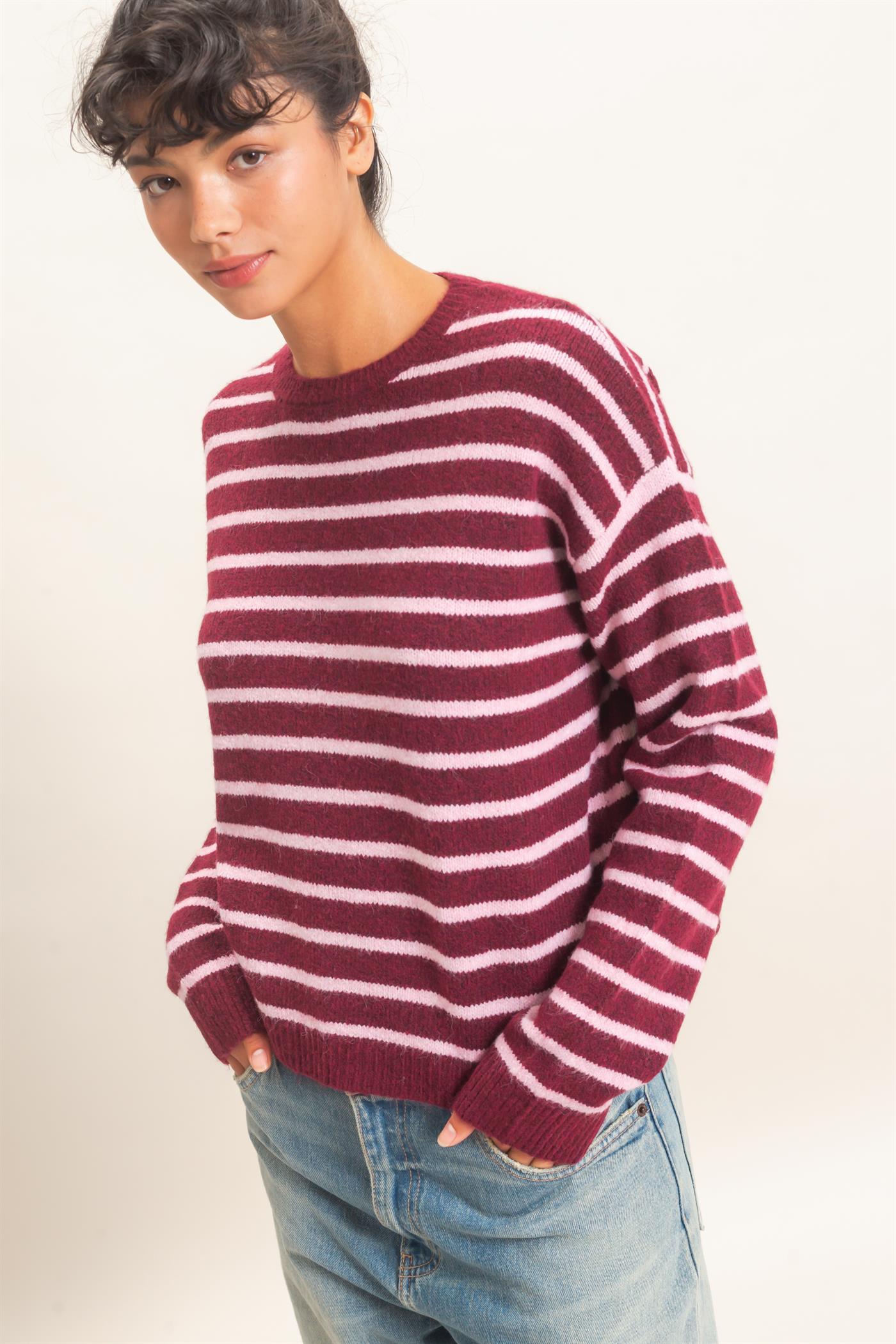 Wholesale Striped Crew Neck Sweater Sweaters DZ26C612 DARK CHERRY DOUBLE ZERO