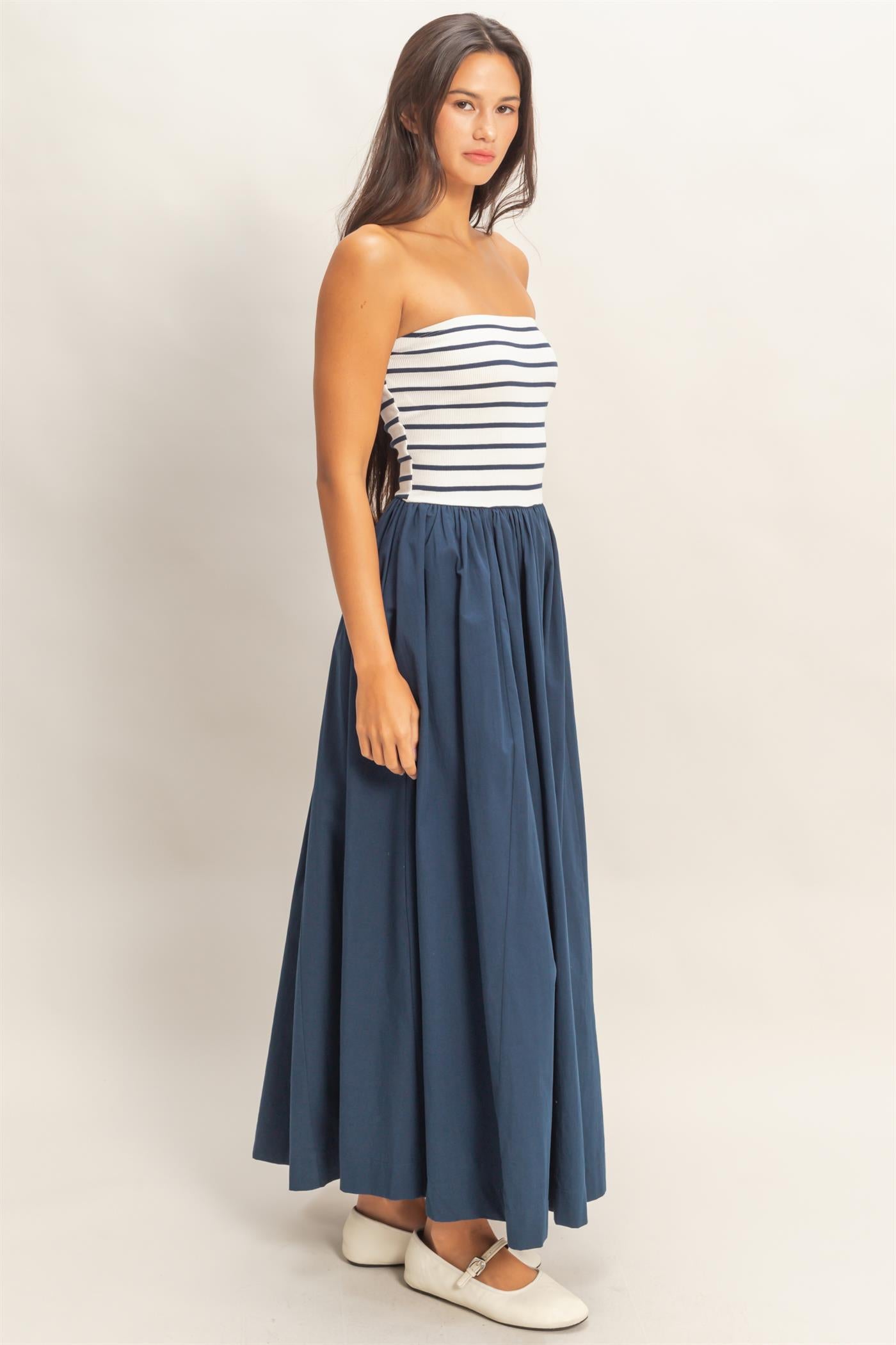 Wholesale Striped Strapless Flowy Midi Dress Dresses DZ26C169 NAVY DOUBLE ZERO