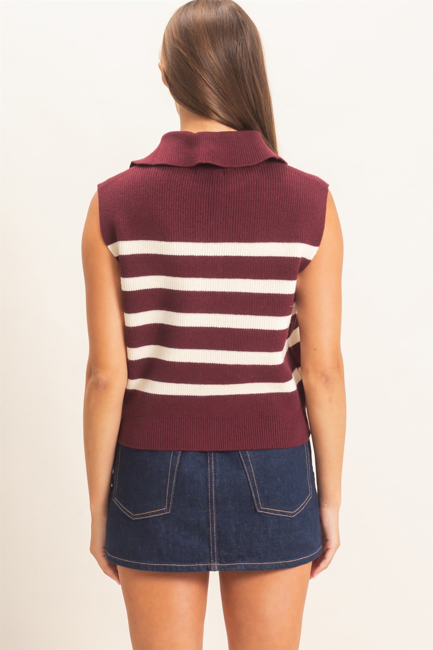 Wholesale Half-Zip Sleeveless Stripe Sweater Sweaters DZ26E951 DARK CHERRY DOUBLE ZERO