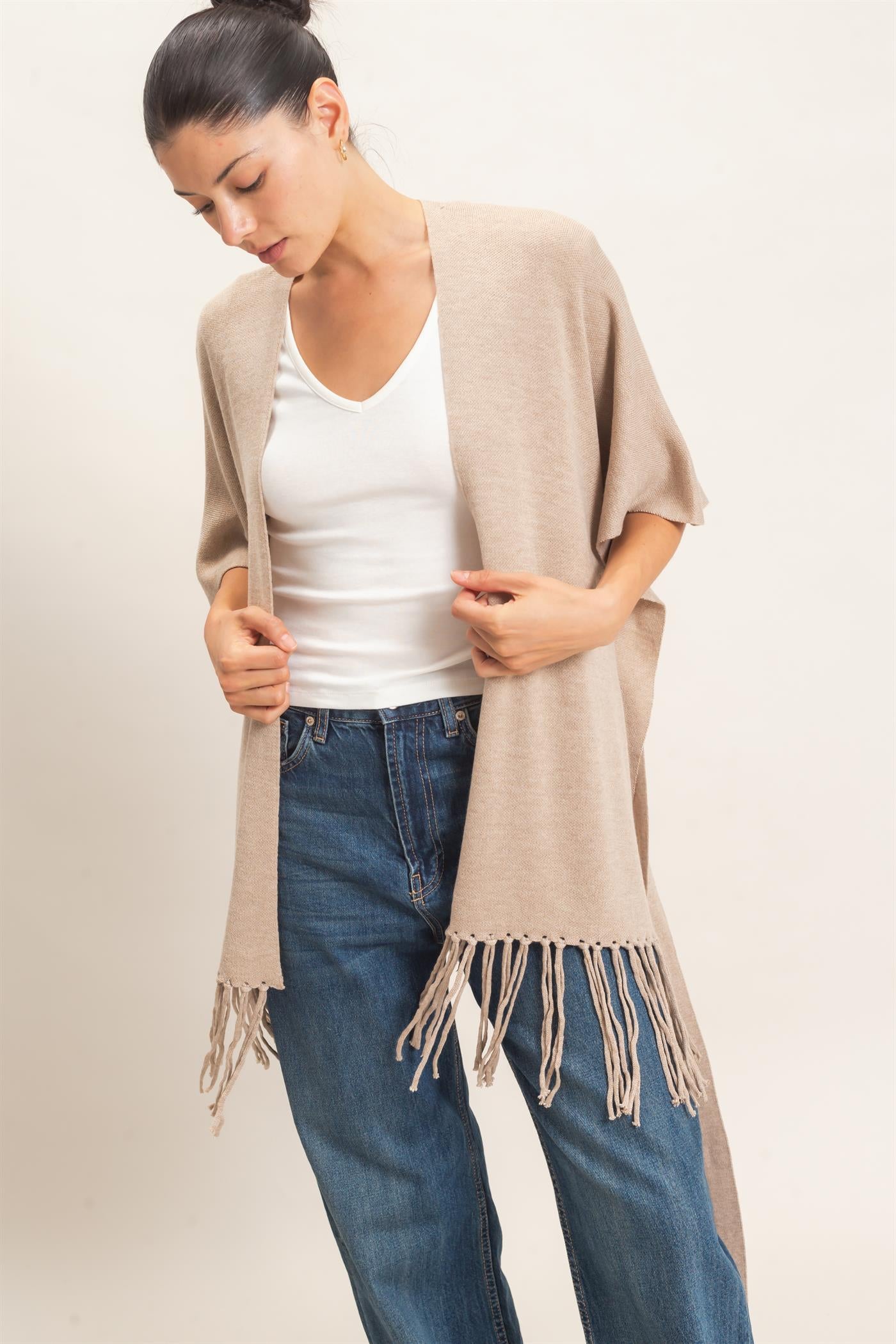 Wholesale Fringe Hem Kimono Sweater Kimonos HF26E041 CAMEL HYFVE