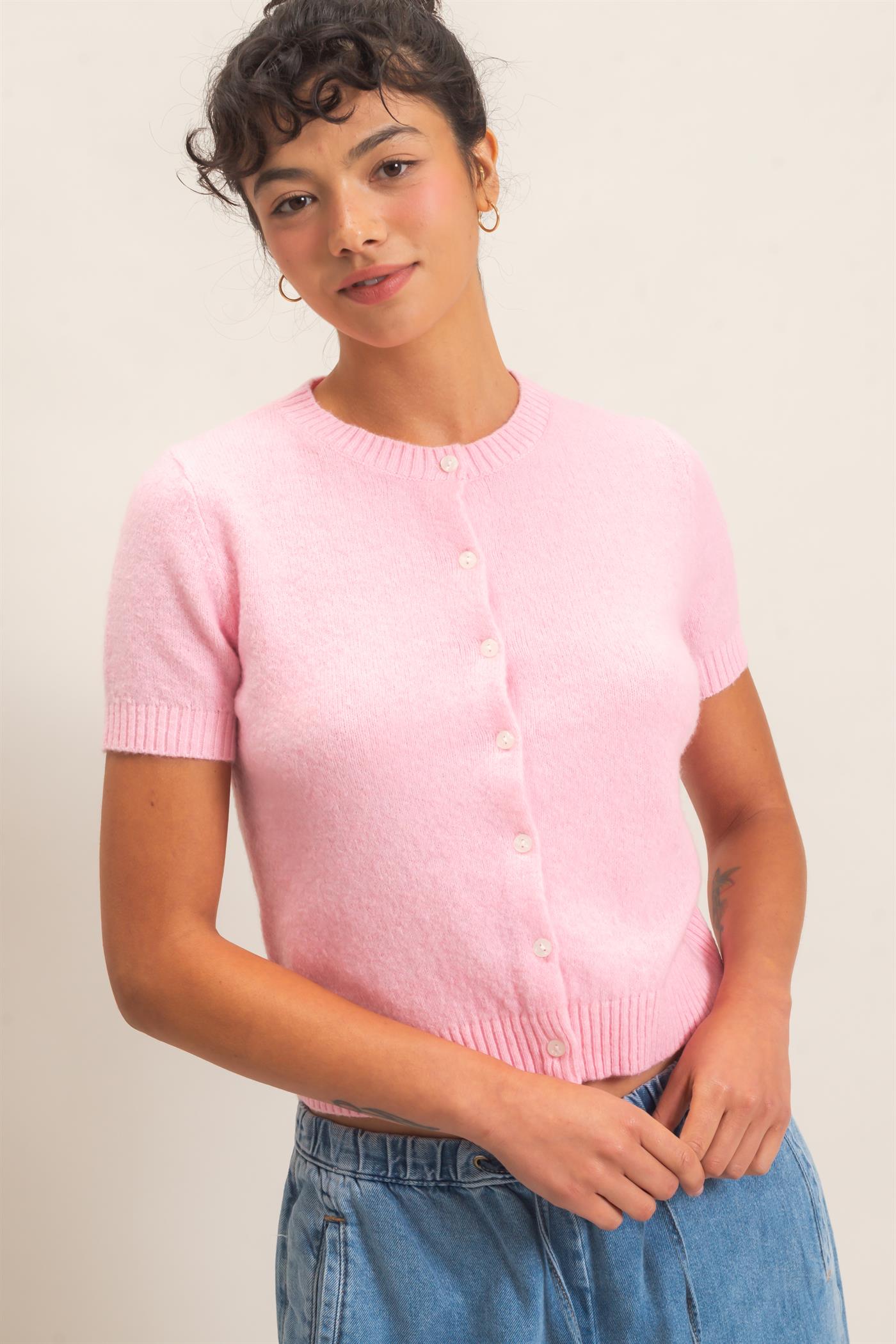 Wholesale Crew Neck Short Sleeve Cardigan Cardigans DZ26E108 PINK DOUBLE ZERO