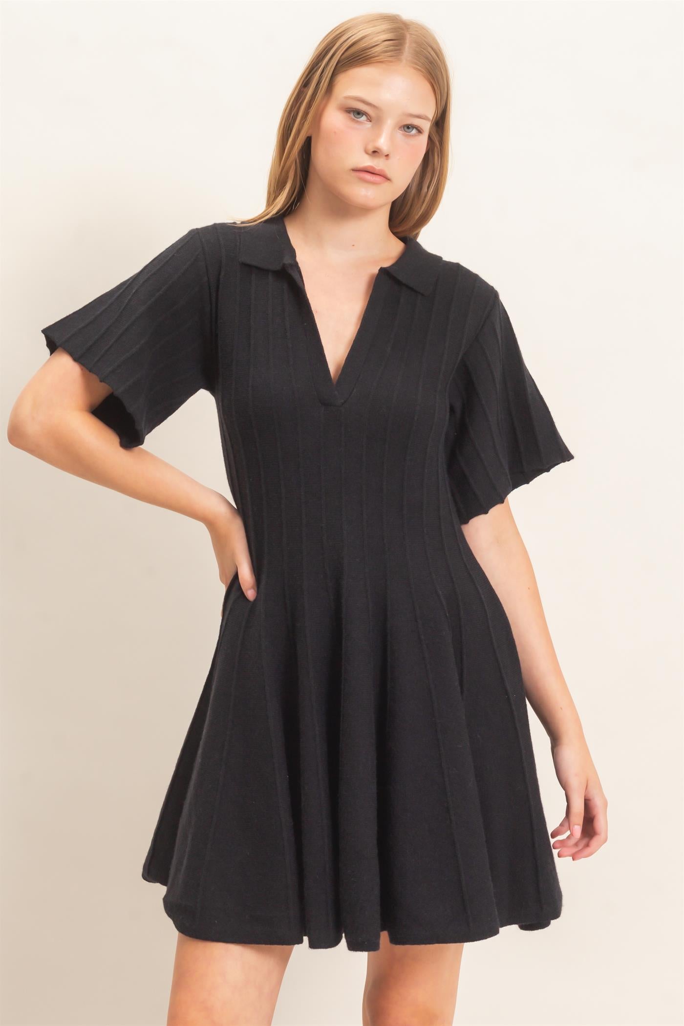 Wholesale Ribbed Knit Collared Dress Dresses HF26E365 BLACK HYFVE