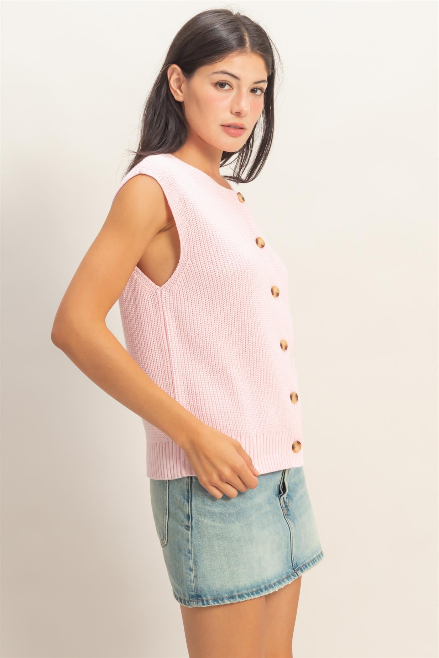 Wholesale Sleeveless Button-Up Ribbed Vest Sweaters DZ26A833 SOFT PINK DOUBLE ZERO