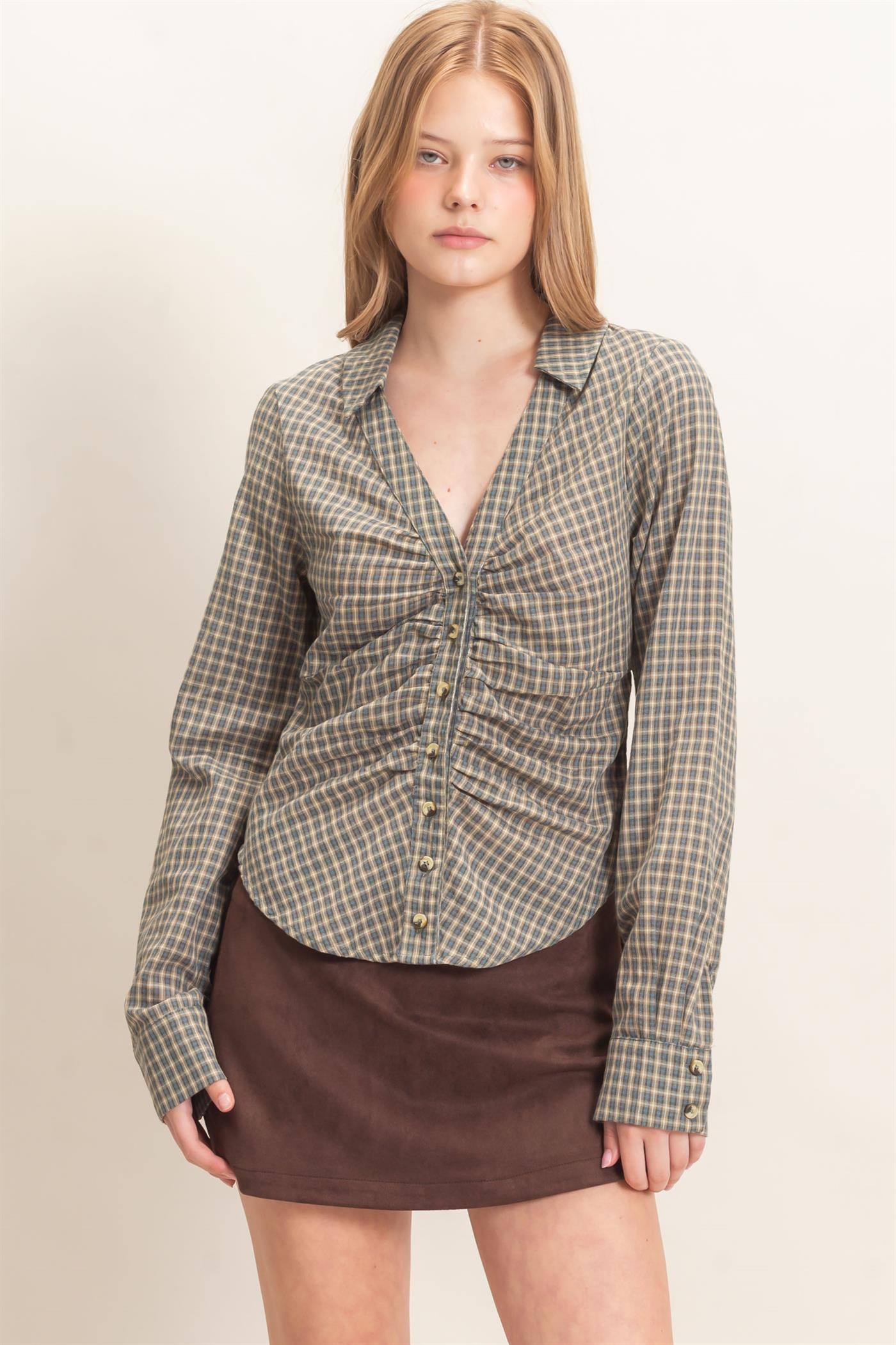 Wholesale Ruched Button-Down Shirt Blouses HF26E348 TEAL BLUE HYFVE