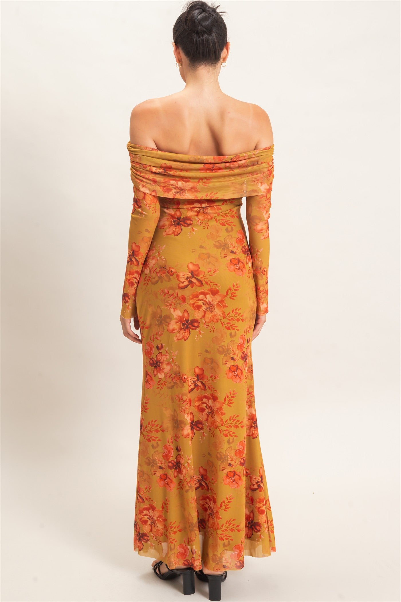 Wholesale Off Shoulder Floral Mesh Dress Dresses HF26E008 MUSTARD HYFVE