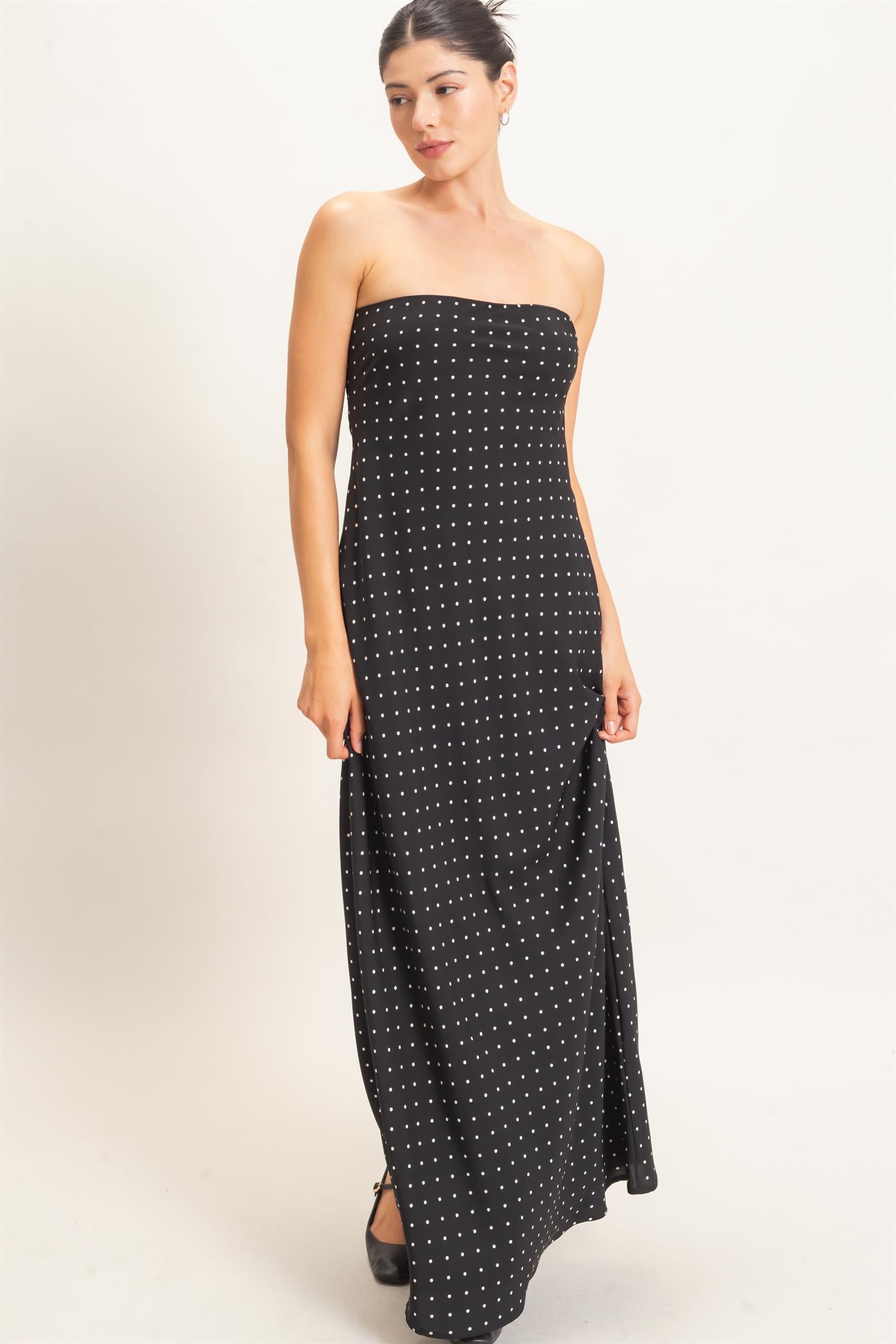 Wholesale Strapless Polka Dot Maxi Dress Dresses HF26E845 BLACK HYFVE
